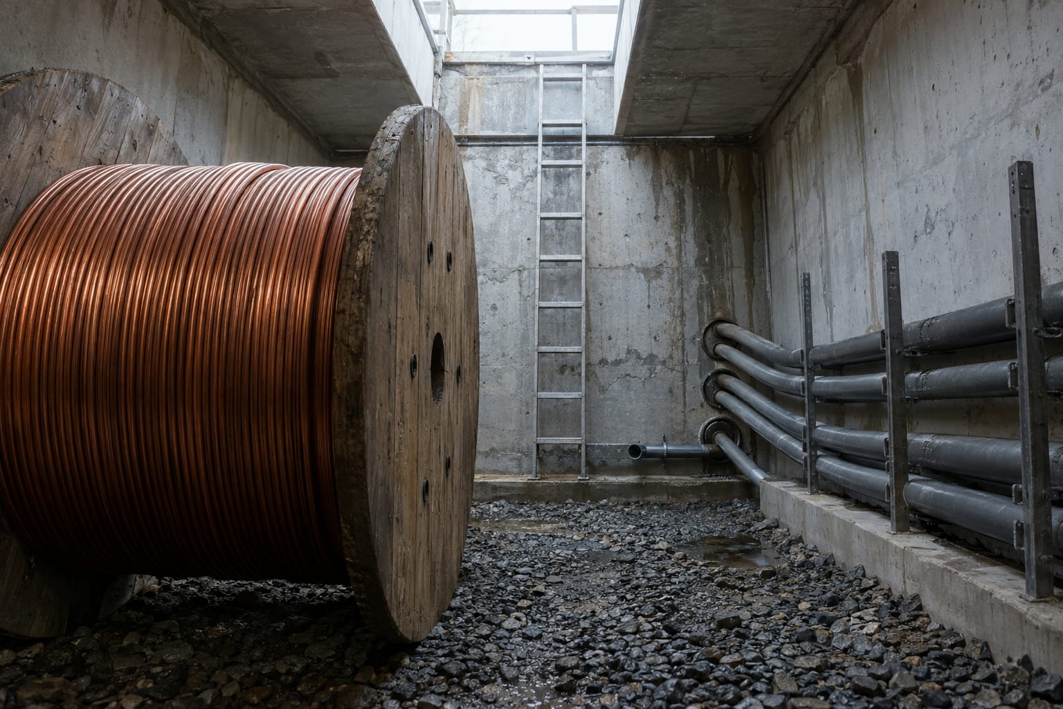 A giant unmarked fibre spool sits beside empty conduits at a generic electrical switching yard.