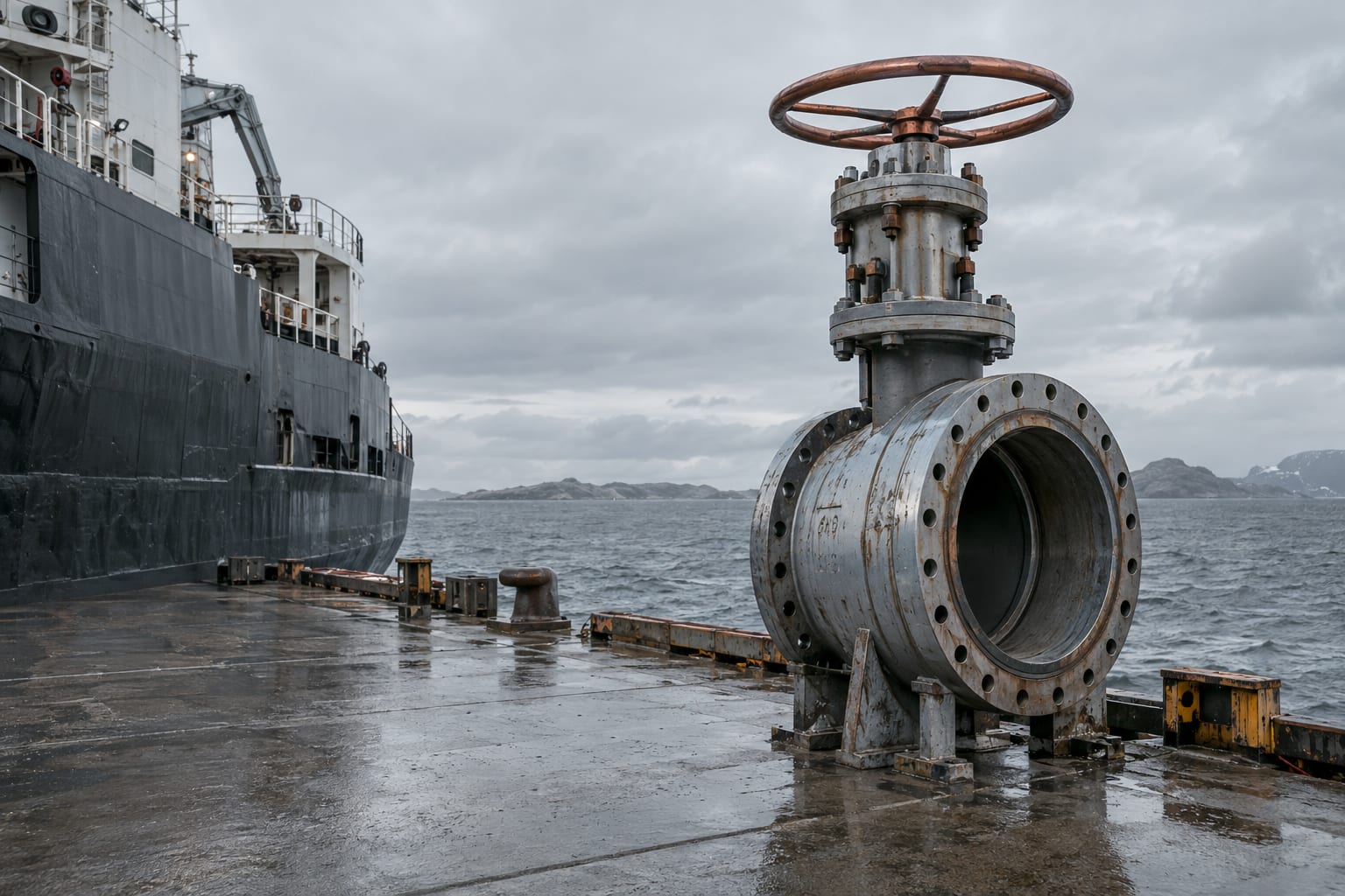 An oversized pipeline valve rests on a concrete offshore quay beneath an overcast sky.