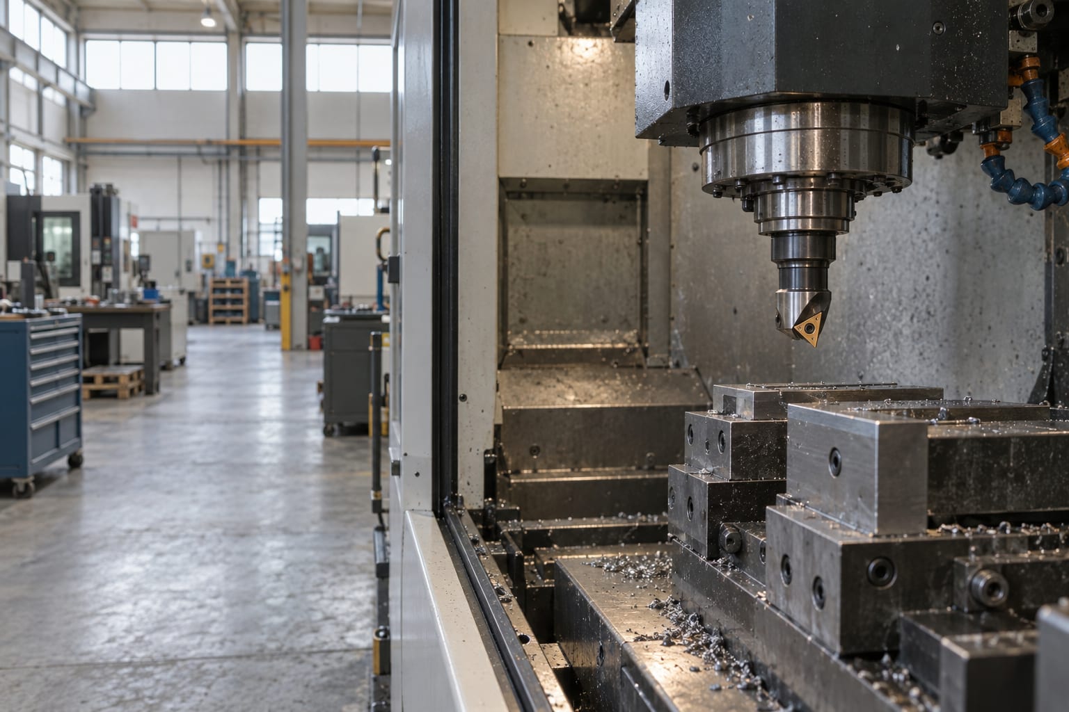A carbide cutting insert sits in the tool holder of a machining centre in an anonymous metalworking workshop.