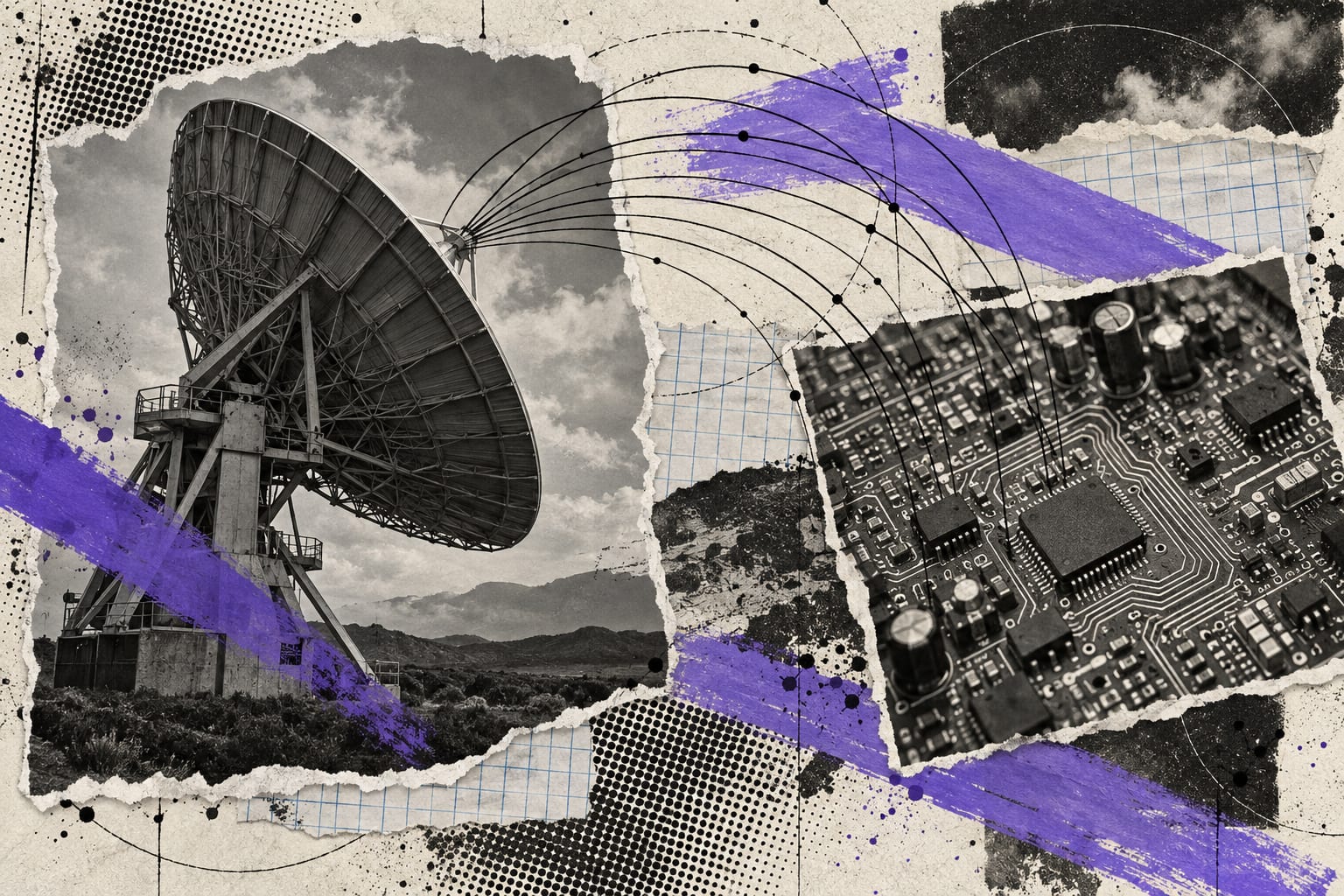 Black-and-white cut-outs of a satellite dish and circuit board meet under violet ink arcs on textured paper.