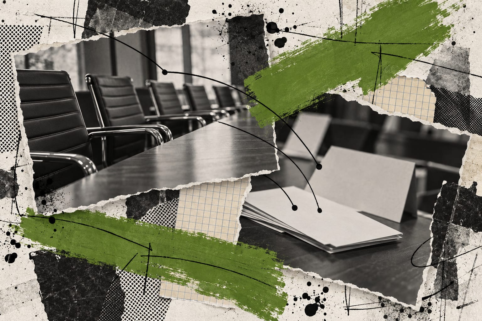 A collage shows empty meeting chairs and unmarked proxy cards under leaf-green paint strokes.