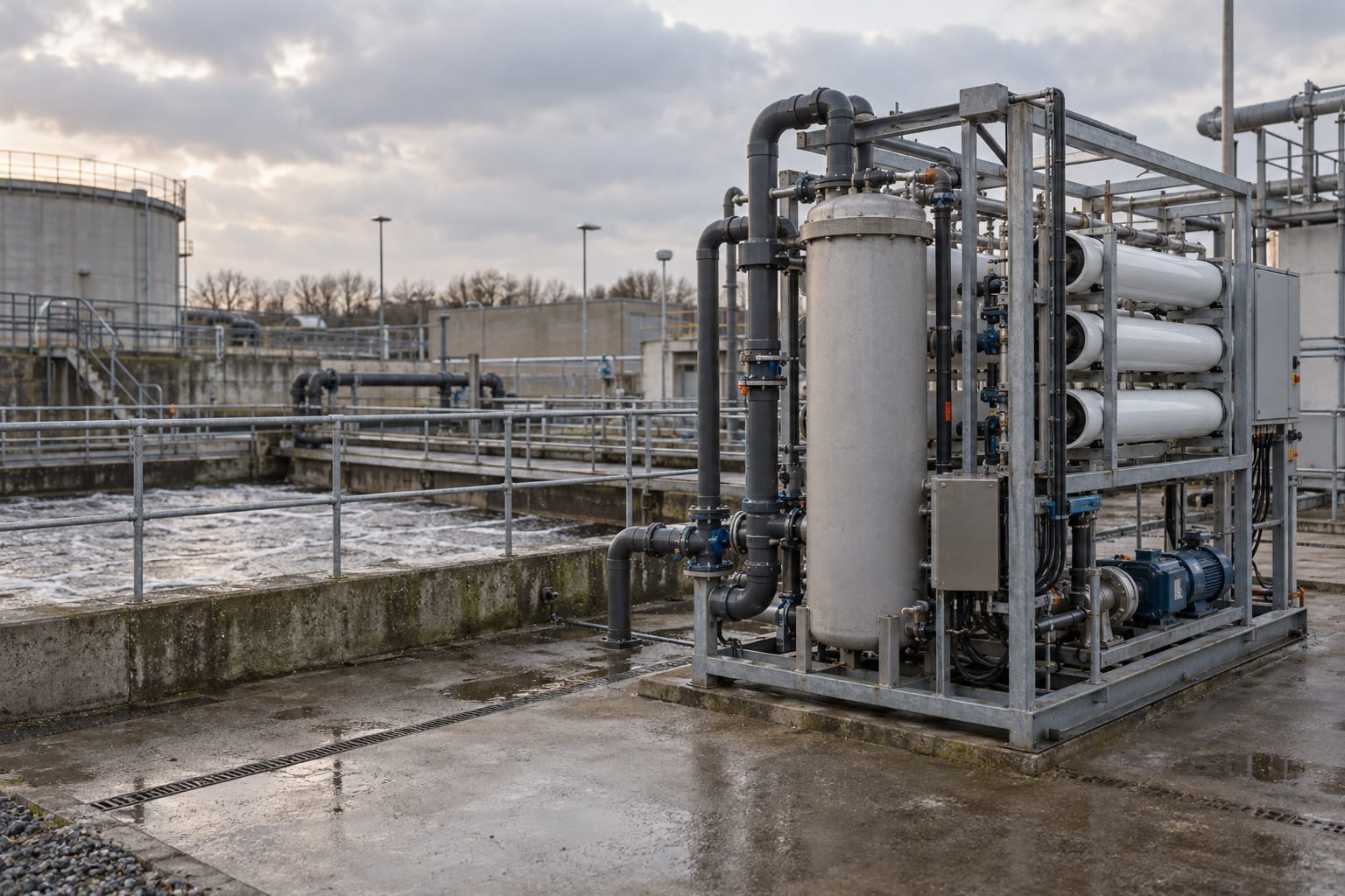 A modular water treatment skid stands beside a channel under an overcast sky.