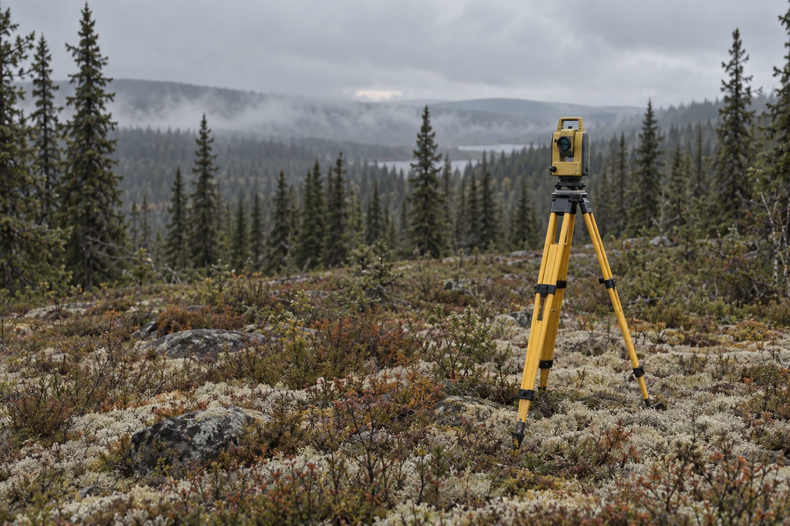 A survey tripod stands in an anonymous boreal forest clearing beneath a cloudy sky.