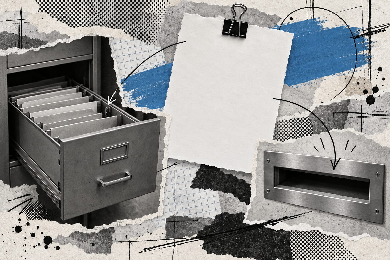 A mixed-media collage shows an unmarked filing drawer, a blank clipped sheet and a cool blue brushstroke.