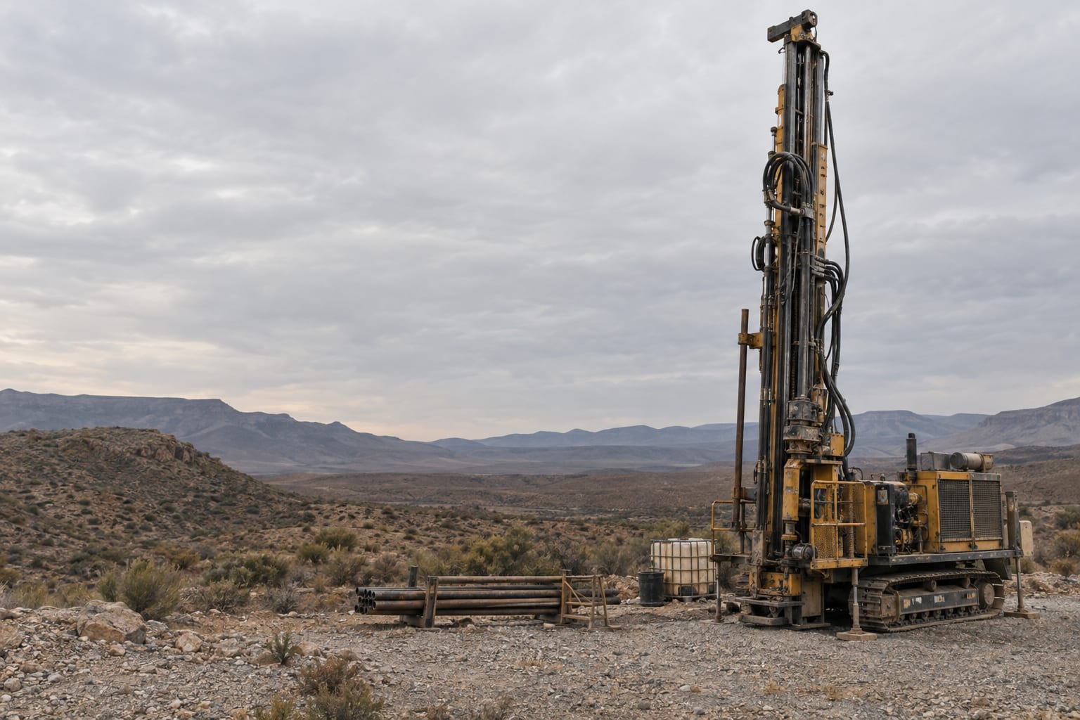 An unmarked exploration drill rig stands among pale desert scrub beneath an overcast sky.