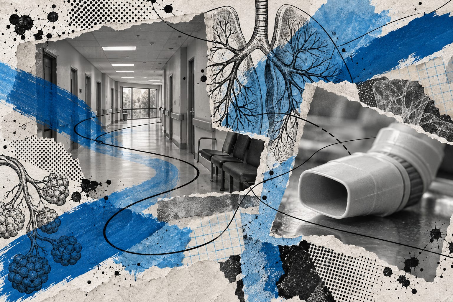 A paper collage shows an empty clinic walking corridor, an inhalation mouthpiece and drawn lung vessels.