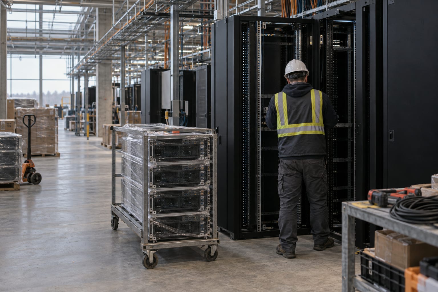 Sealed server chassis stand beside open cable trays in an unfinished data hall.