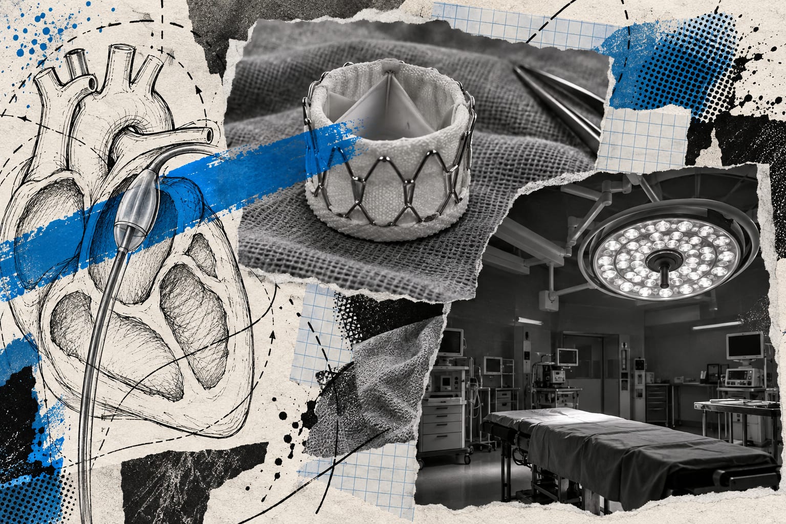 An anonymous prosthetic pulmonary valve and operating lamp appear in a cool blue editorial collage.