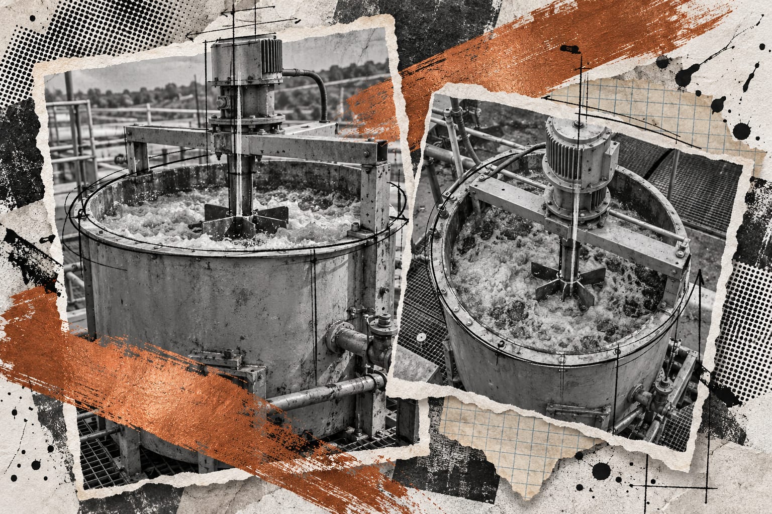 A collage combines photographs of a compact flotation cell with ink outlines and copper brush strokes.