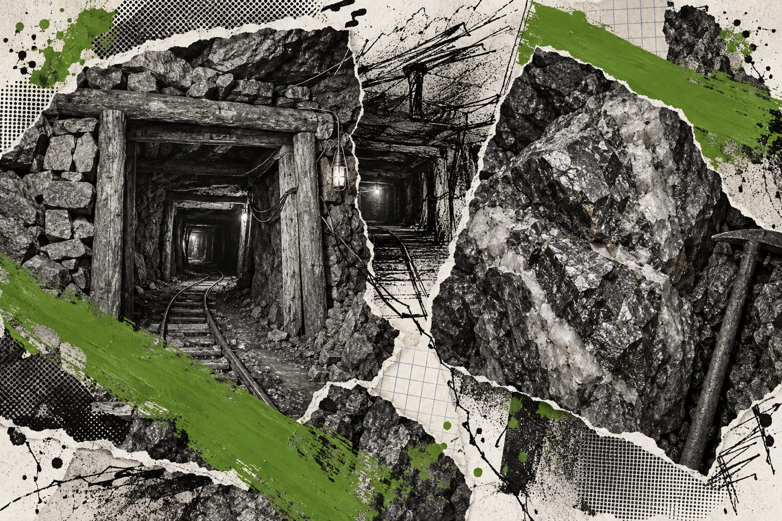 A layered collage shows an anonymous stone mine entrance and a rough mineralized rock face beneath leaf-green paint strokes.