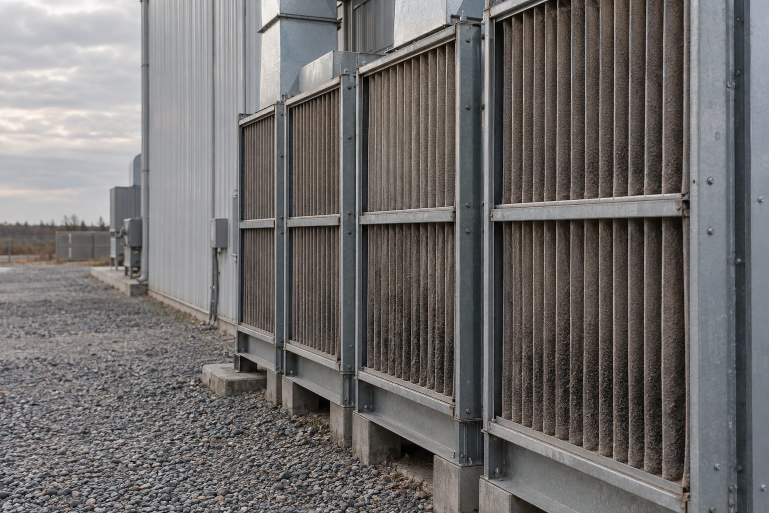 Industrial air filters line the exterior wall of an anonymous bitcoin mining building.
