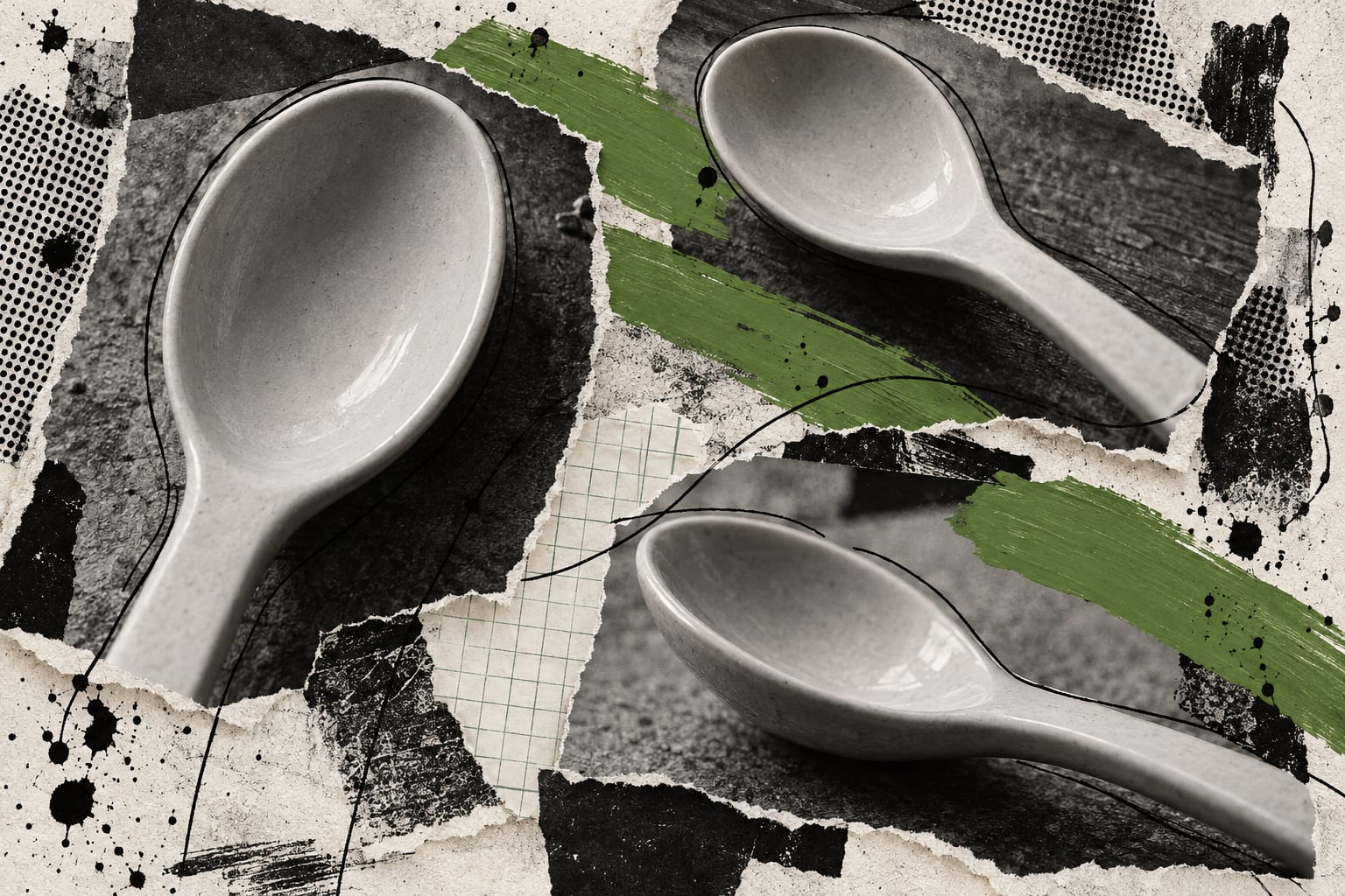 A mixed-media collage shows an unmarked medicine spoon, black ink lines and leaf-green paint on textured paper.