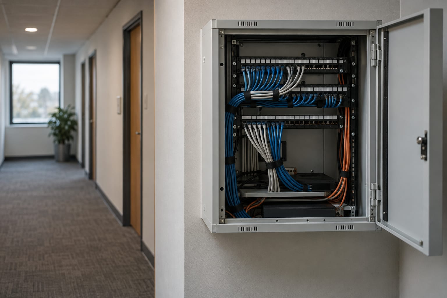 An unbranded network patch panel sits inside an open wall cabinet in an anonymous office corridor.