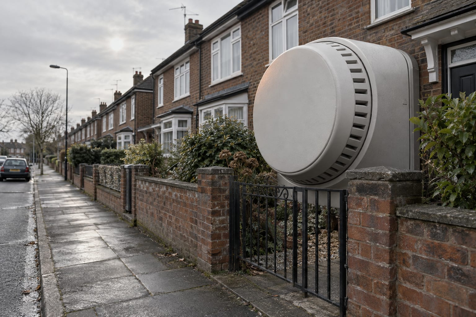 An oversized unmarked thermostat stands beside a brick house on an anonymous residential street.