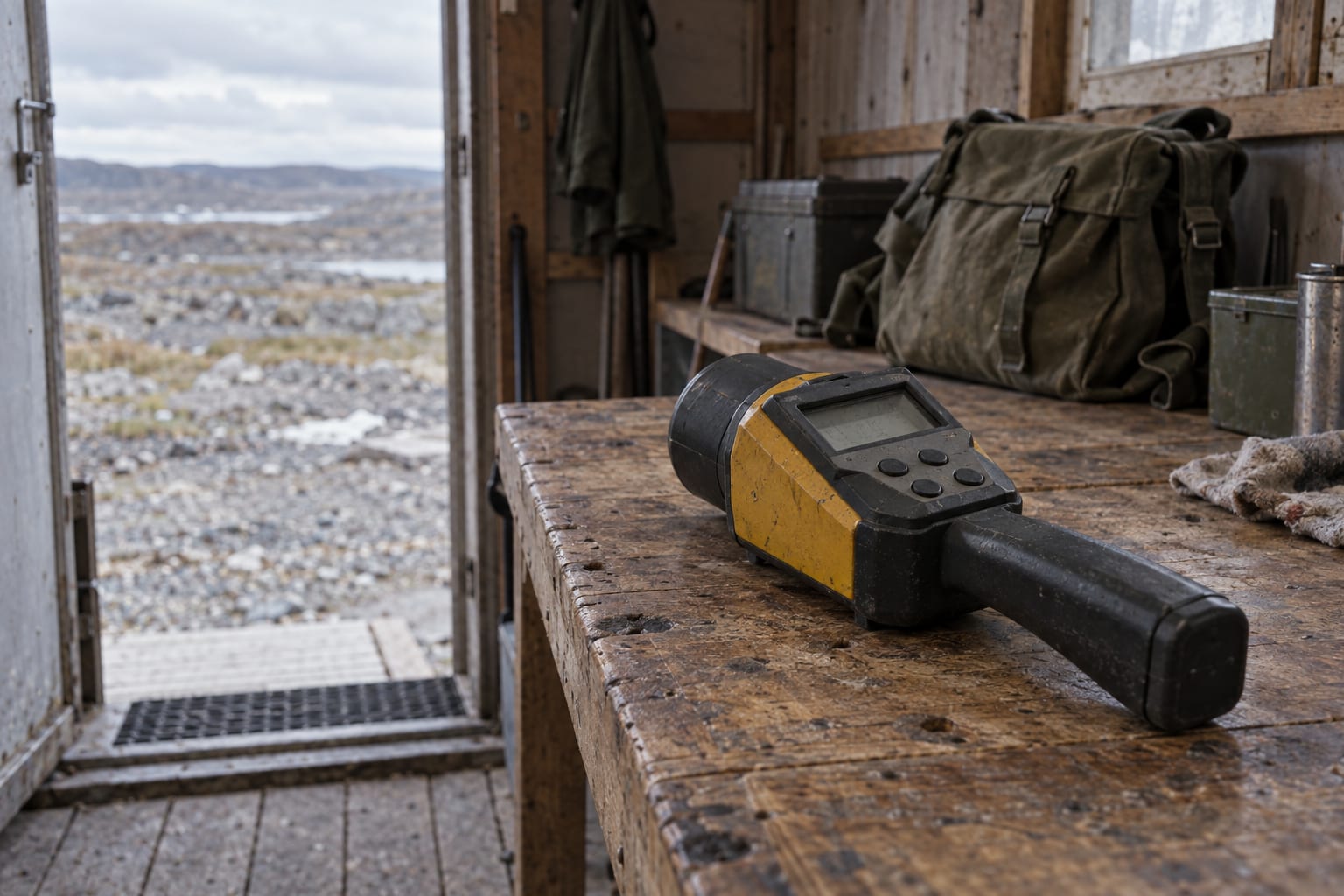 A handheld radiometric survey meter rests on a bench in an anonymous field equipment hut.