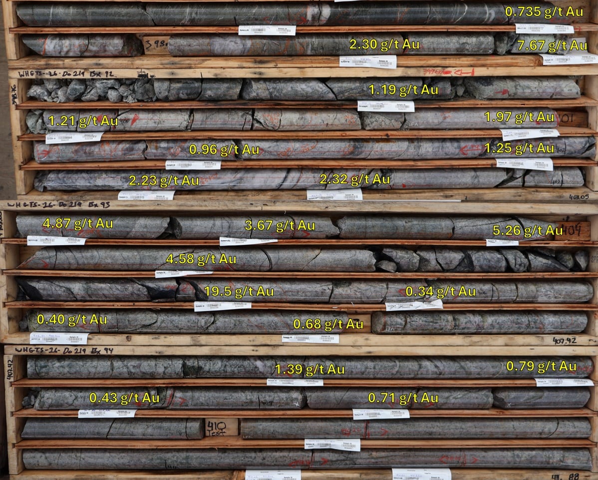 Drill core shows altered rock and quartz veining.