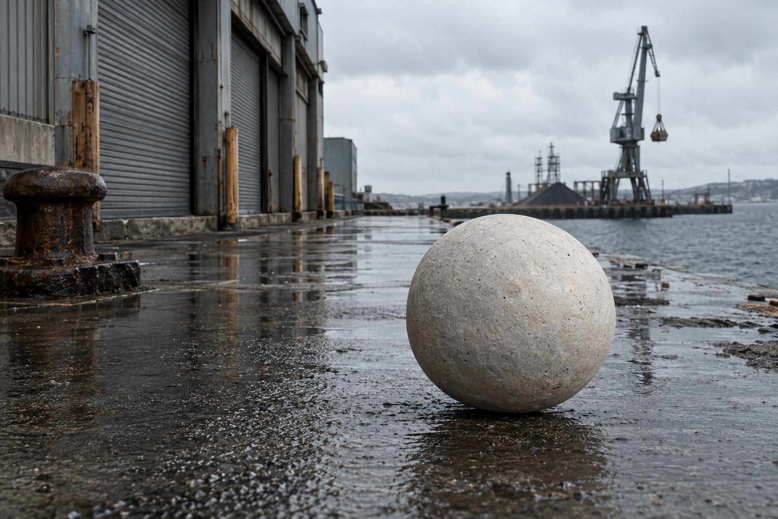 An oversized pale ceramic pellet rests on a wet industrial quay under an overcast sky.