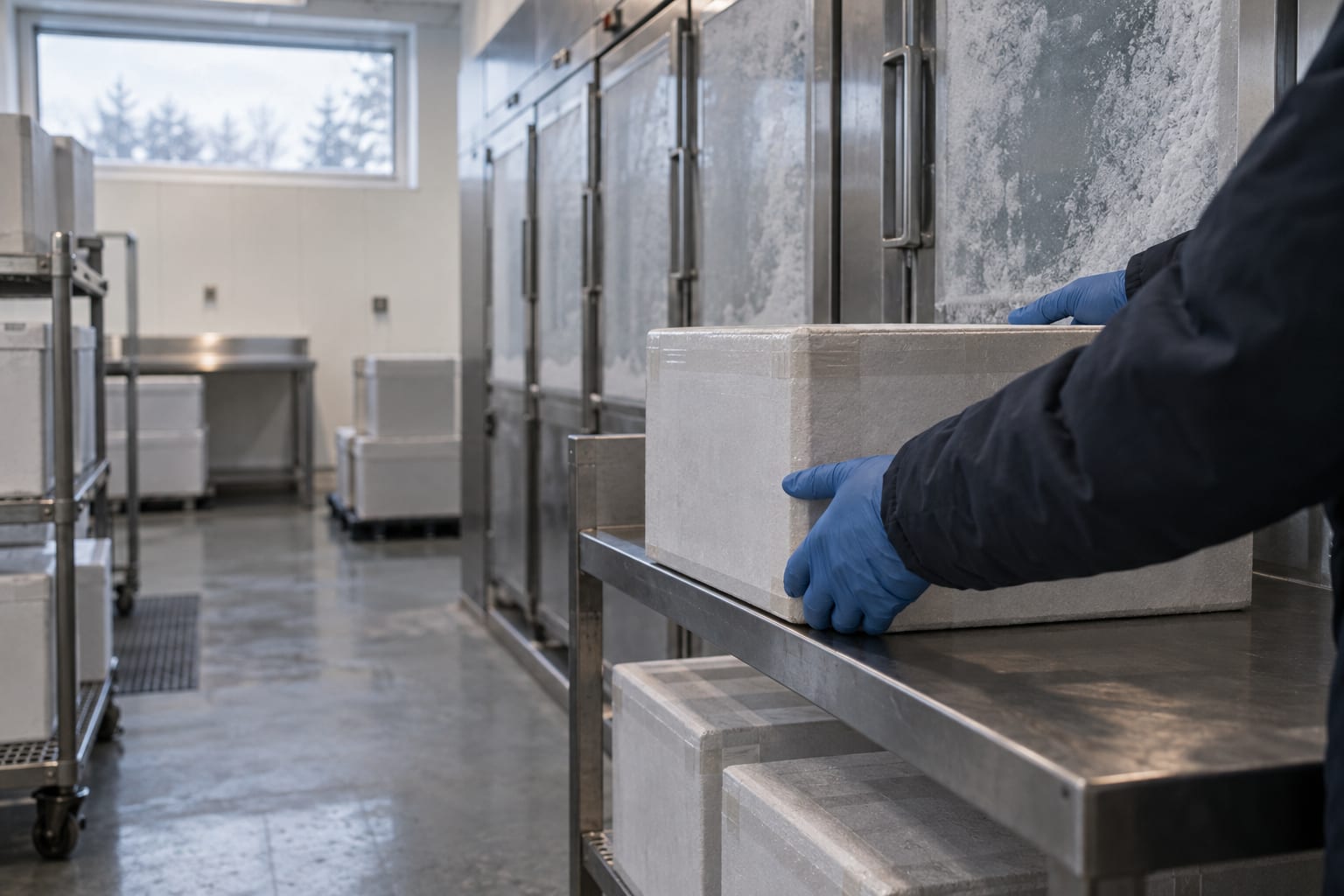 Gloved hands place a sealed carton on a shelf in an anonymous vaccine freezer room.