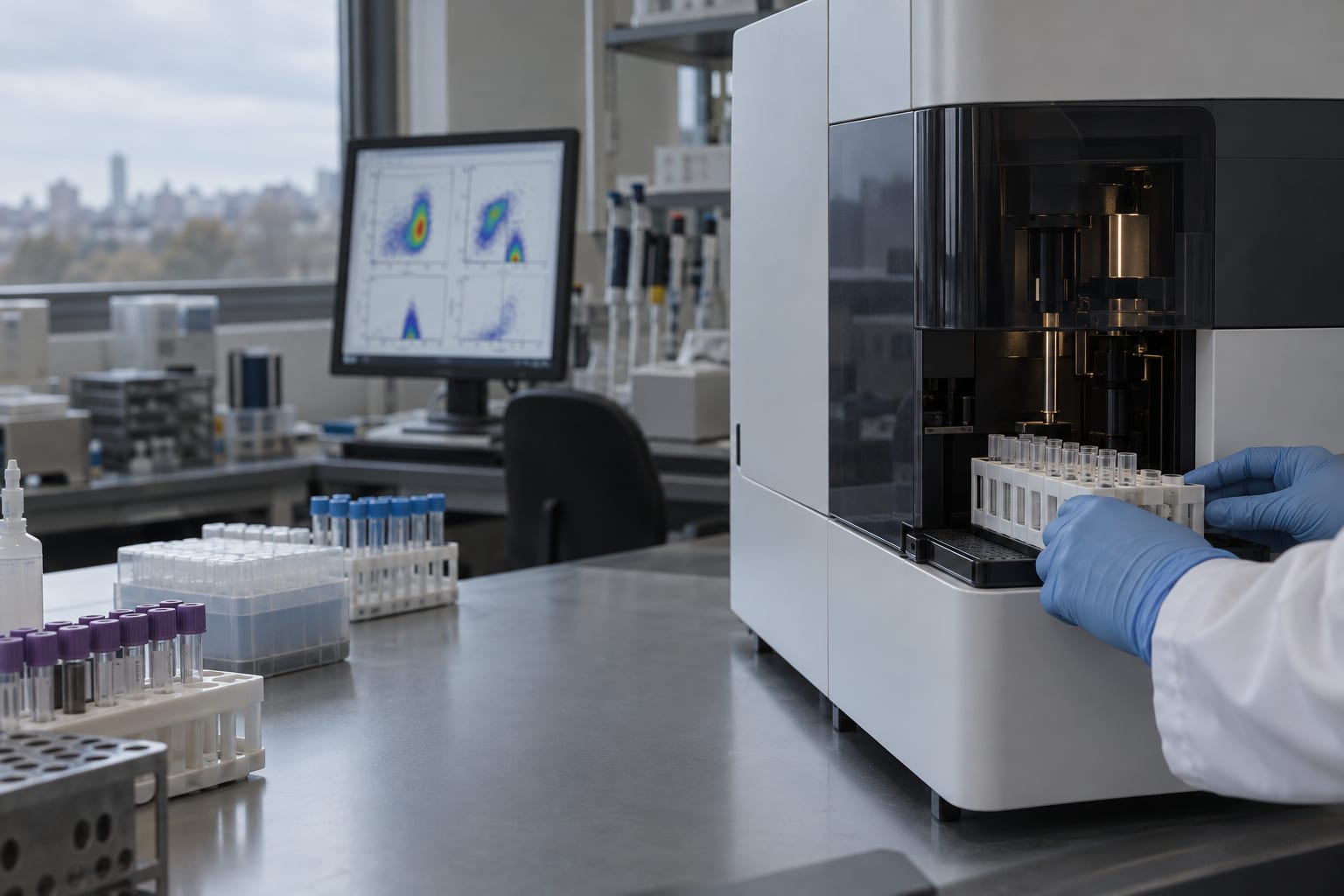 Gloved hands align an unlabelled sample holder beside a flow cytometry analyzer in an anonymous hematology laboratory.