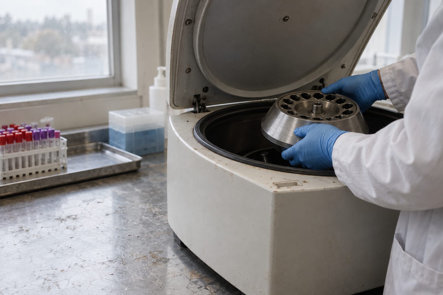 Gloved hands lower a plain rotor into a centrifuge in an anonymous clinical laboratory.
