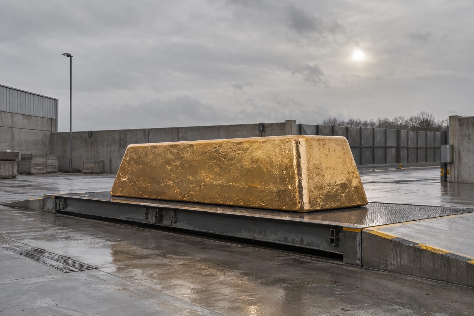 An oversized cast gold bar rests on a weighbridge in an empty refinery dispatch yard under overcast skies.