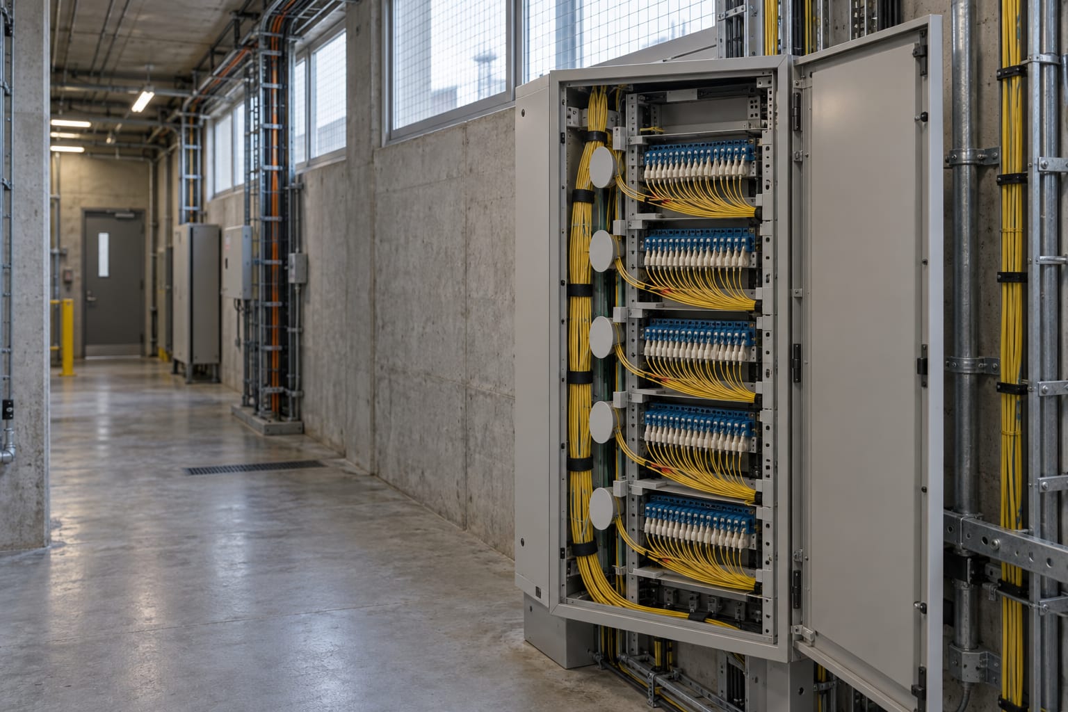 An unbranded optical distribution frame with thin fibre cables stands in a concrete service corridor.