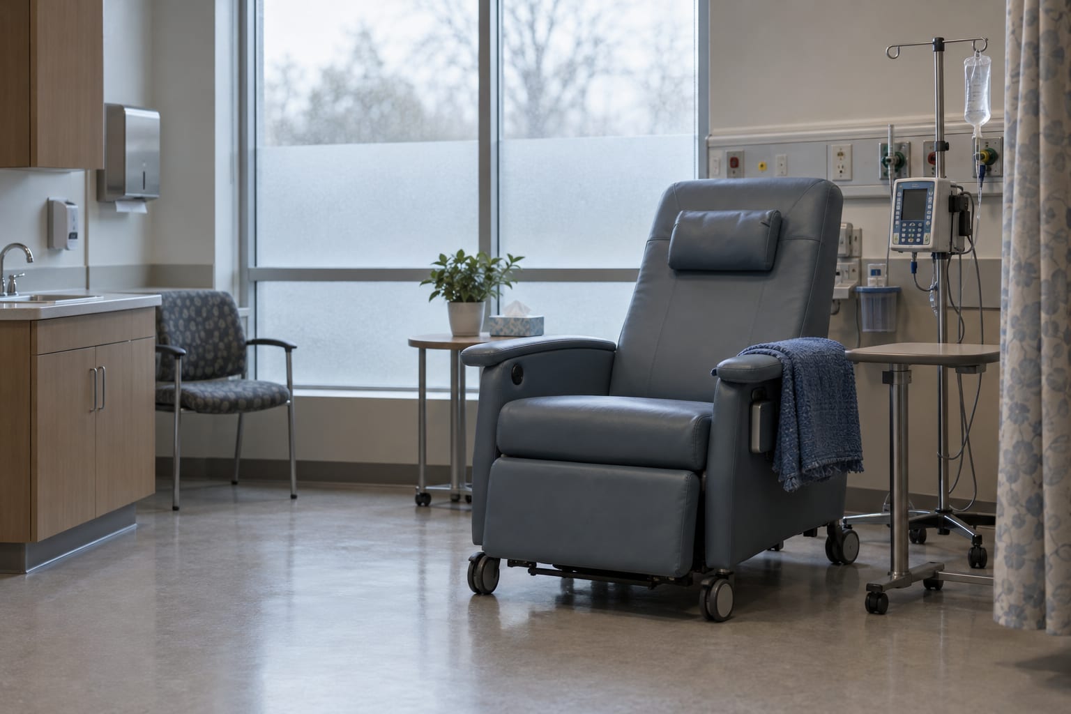 An empty reclining treatment chair sits in an anonymous infusion suite under cool daylight.