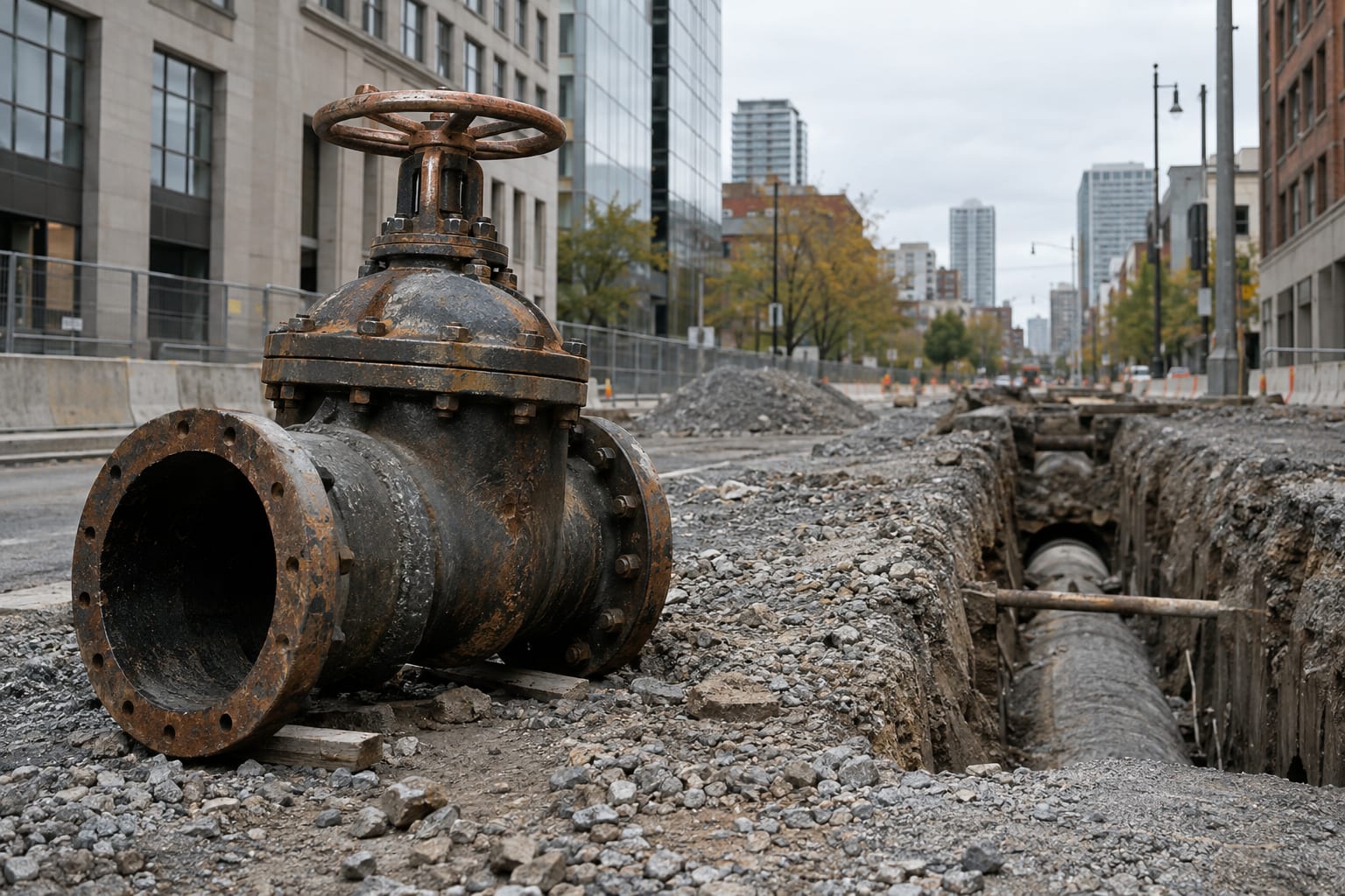 An oversized steel pipeline valve rests beside an anonymous urban utility excavation under grey cloud.