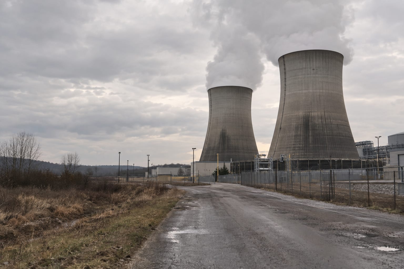 Two anonymous cooling towers release white steam under an overcast sky.