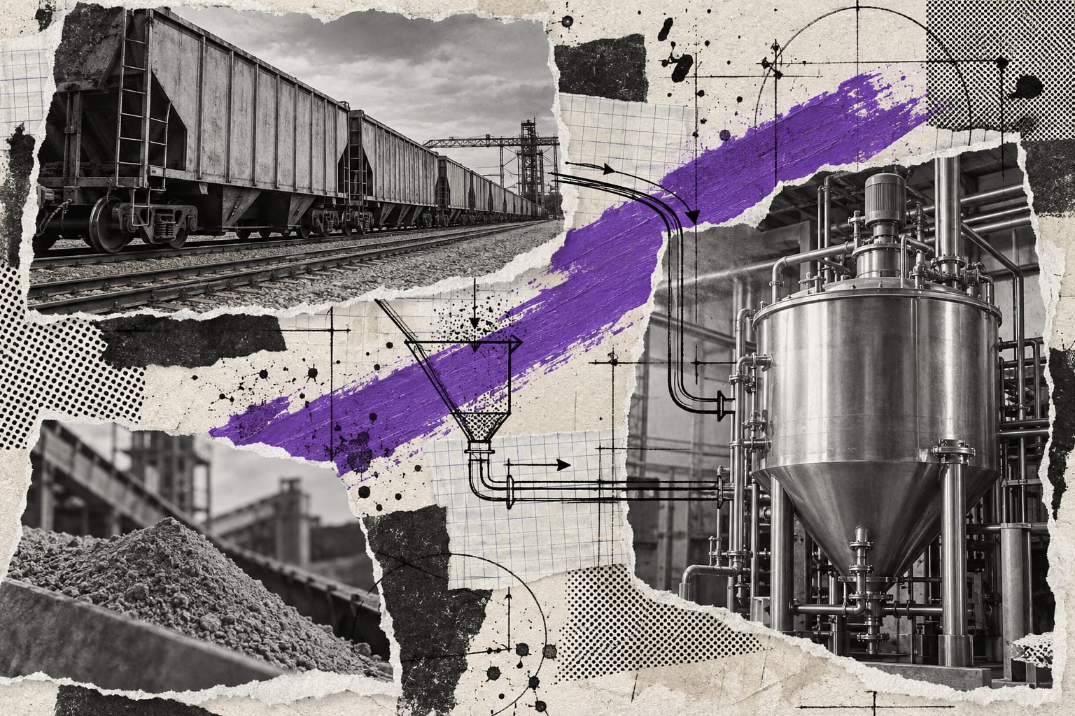 Black-and-white cut-outs of freight railcars and a mixing vessel are connected by ink lines and a violet stroke.
