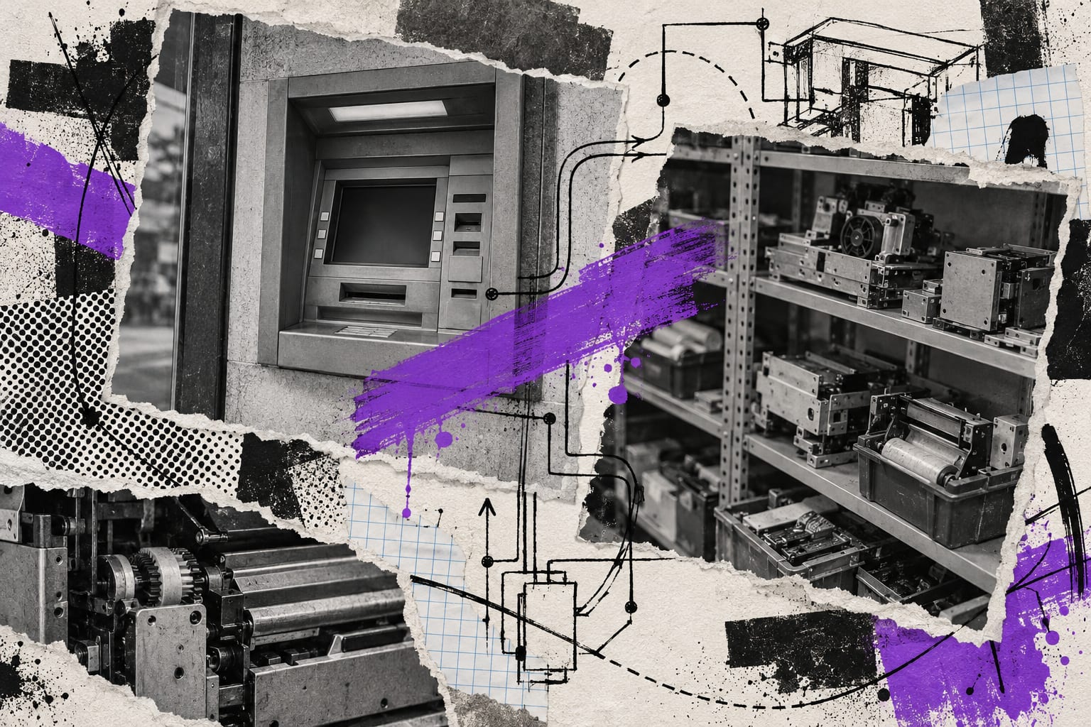 A black-and-white paper collage pairs an unmarked ATM with spare parts under a violet brush stroke.