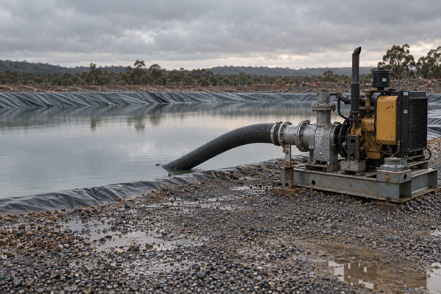 A water-transfer pump connects to a large hose beside water under a cloudy sky.