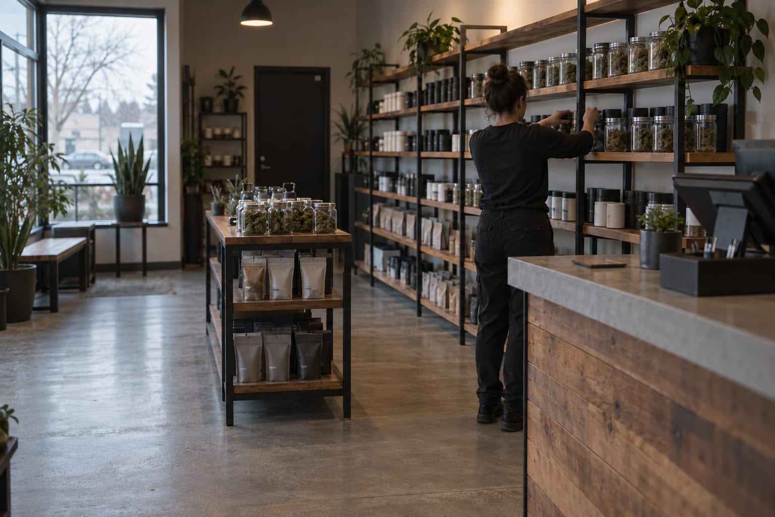 An anonymous cannabis shop counter stands beside shelves of sealed products.