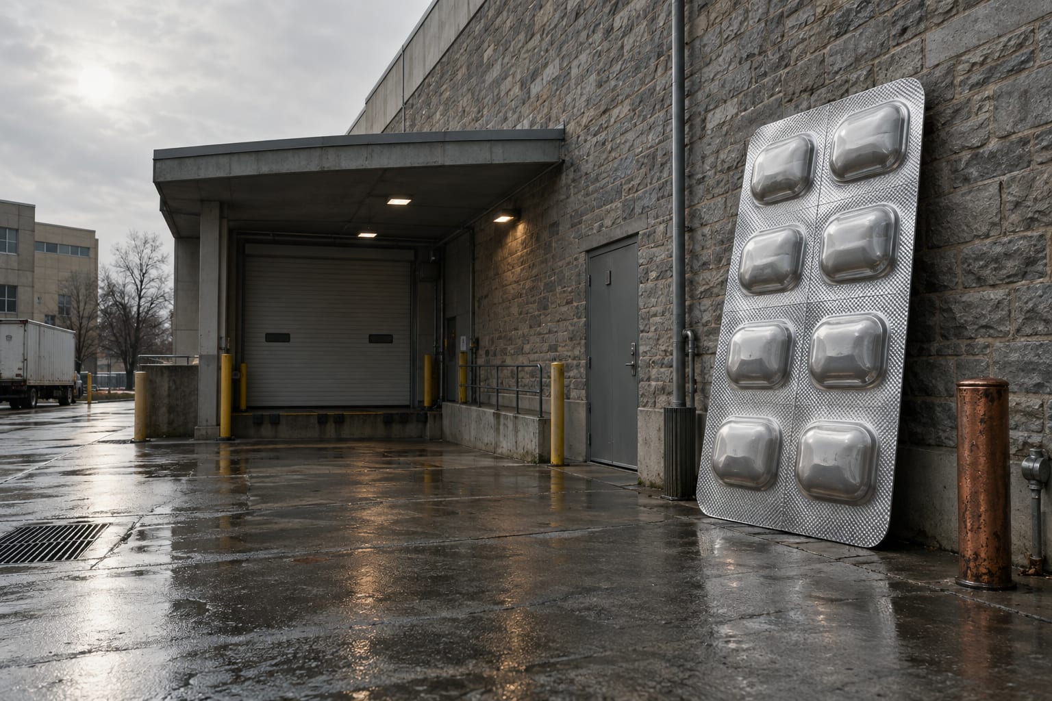 An oversized unmarked blister pack stands by a stone hospital loading dock under bright overcast.