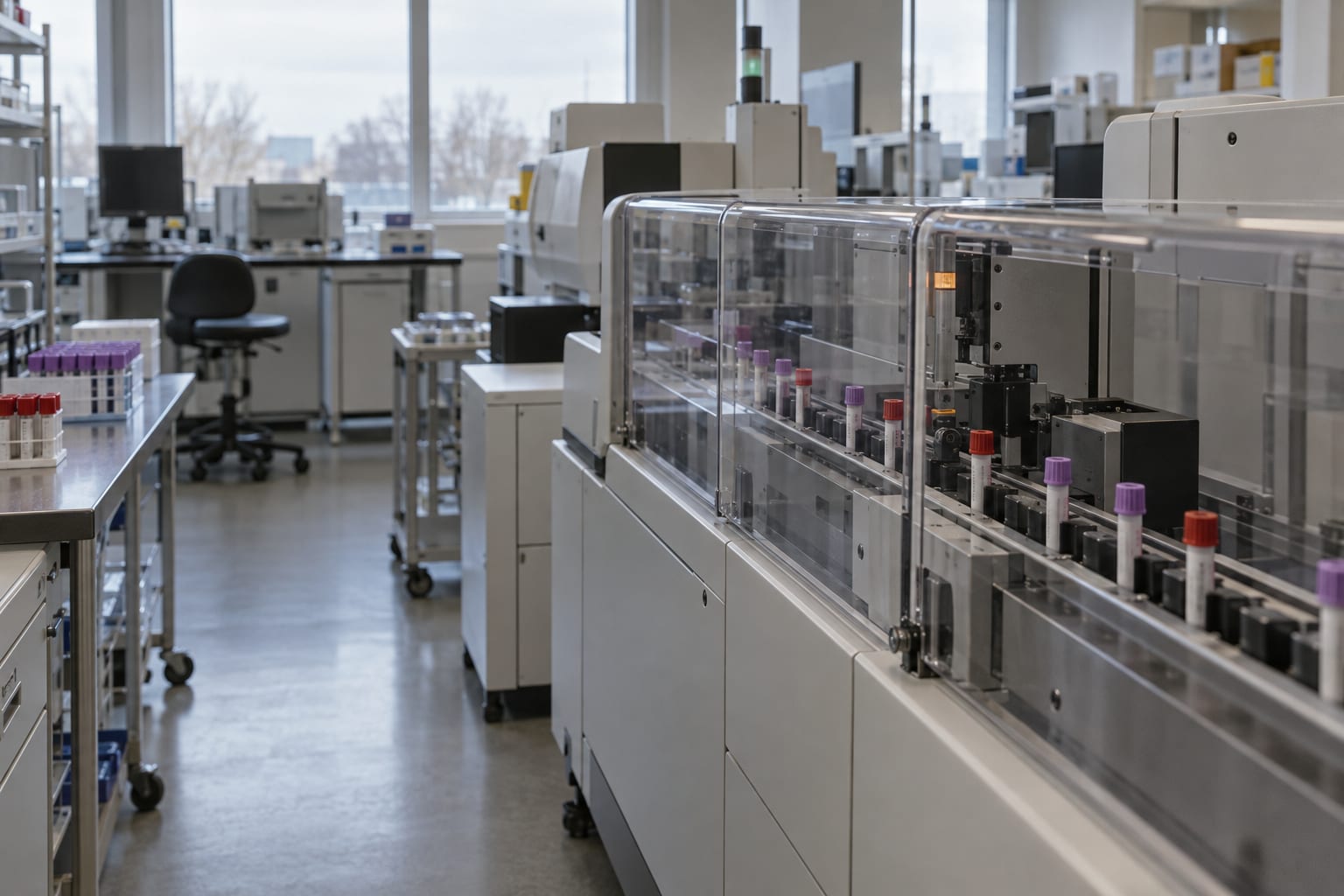 An automated specimen sorting conveyor runs through an anonymous diagnostic laboratory.