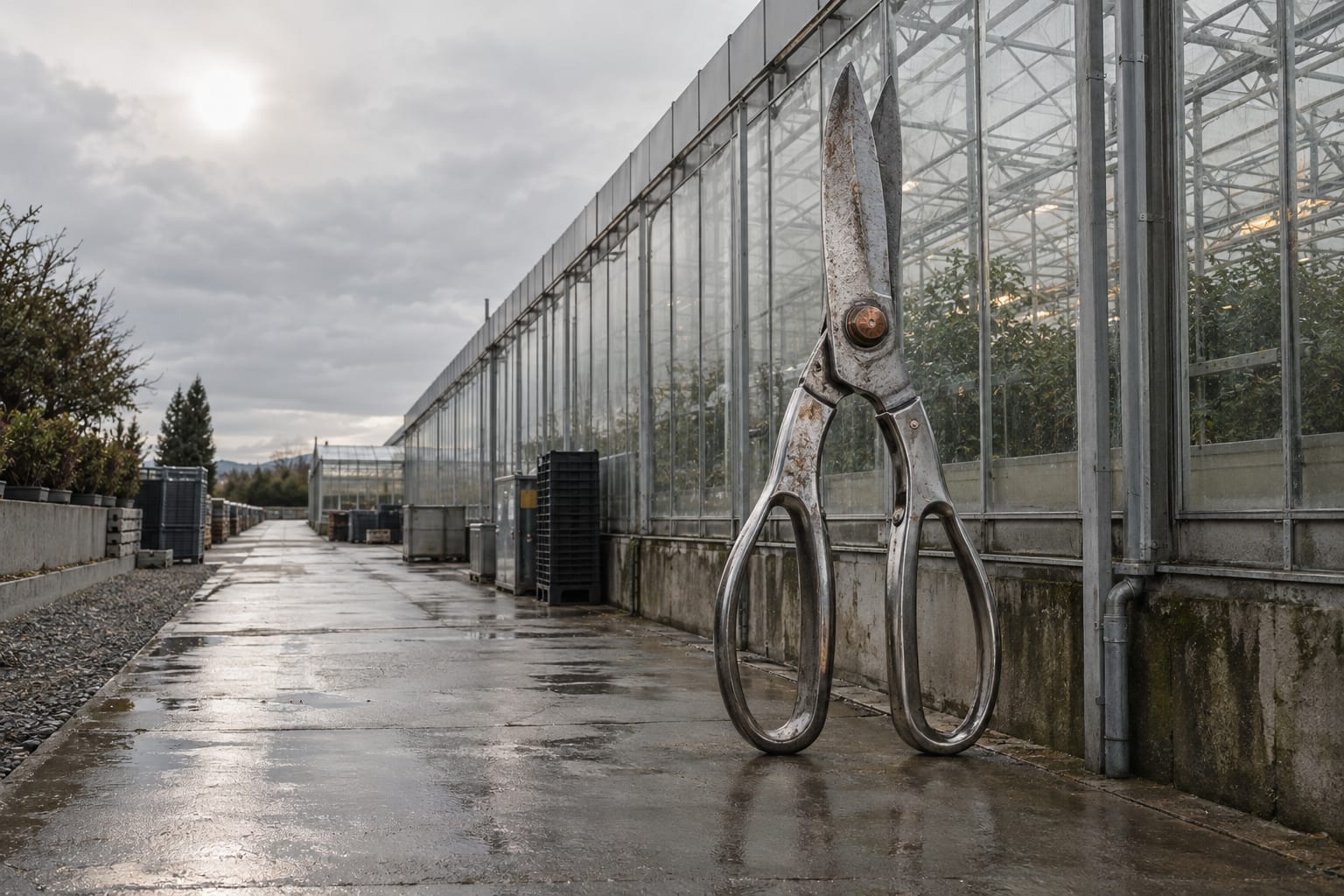An oversized trimming shear rests beside a commercial greenhouse under an overcast sky.