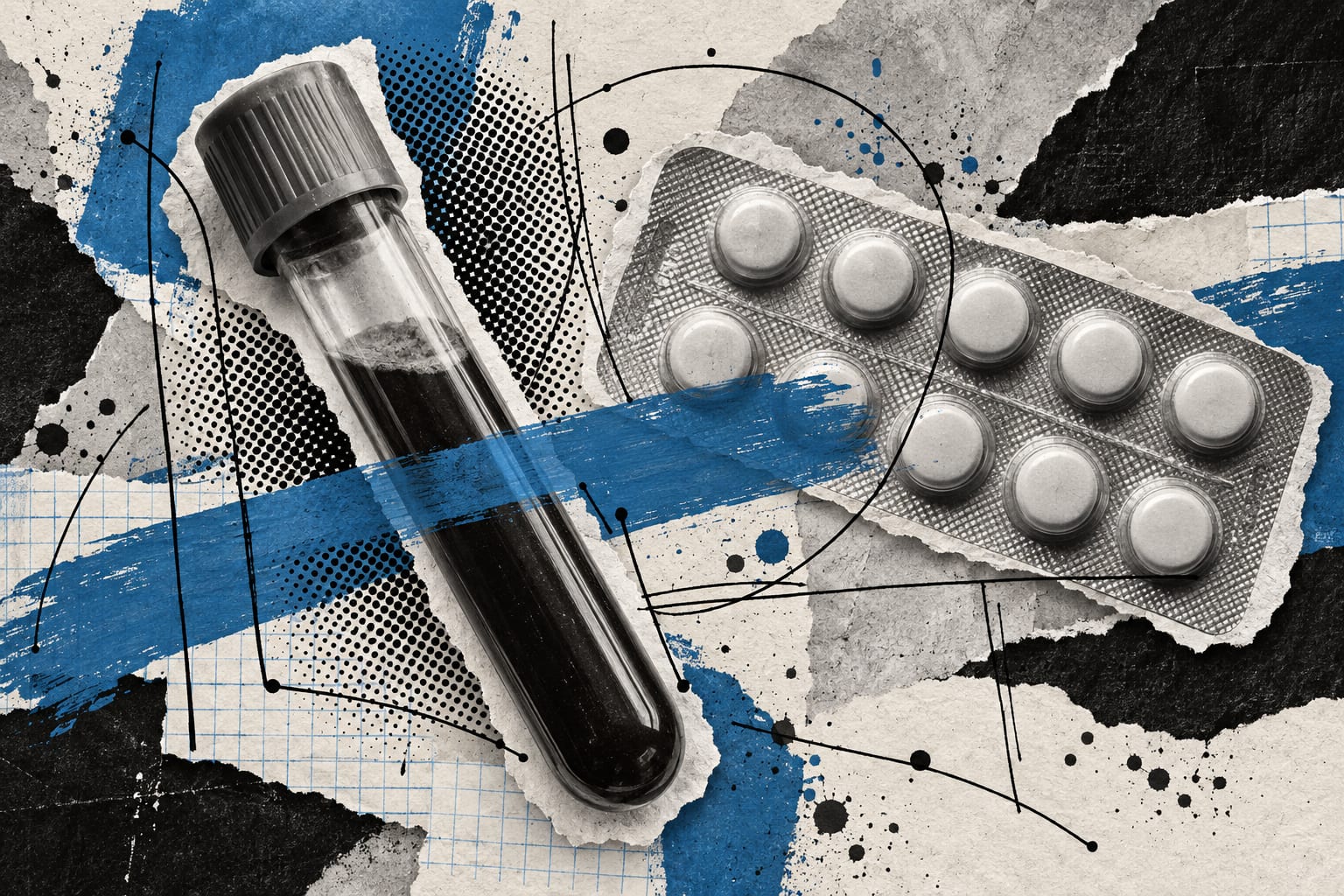 A black and white blood collection tube and medicine blister sit beneath a cool blue brush stroke in an editorial collage.