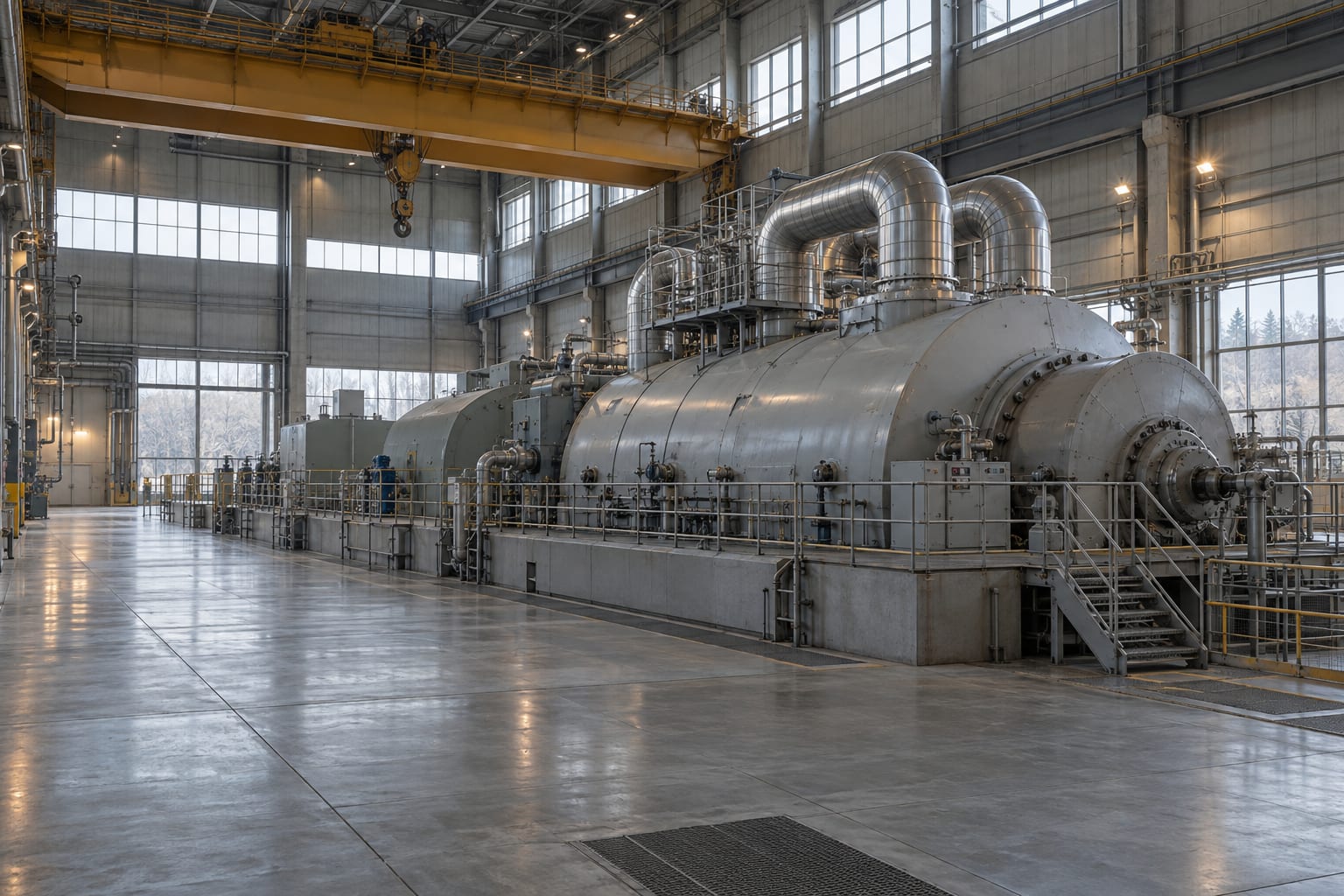 A large steam turbine casing stands beneath an overhead crane in an empty industrial hall.