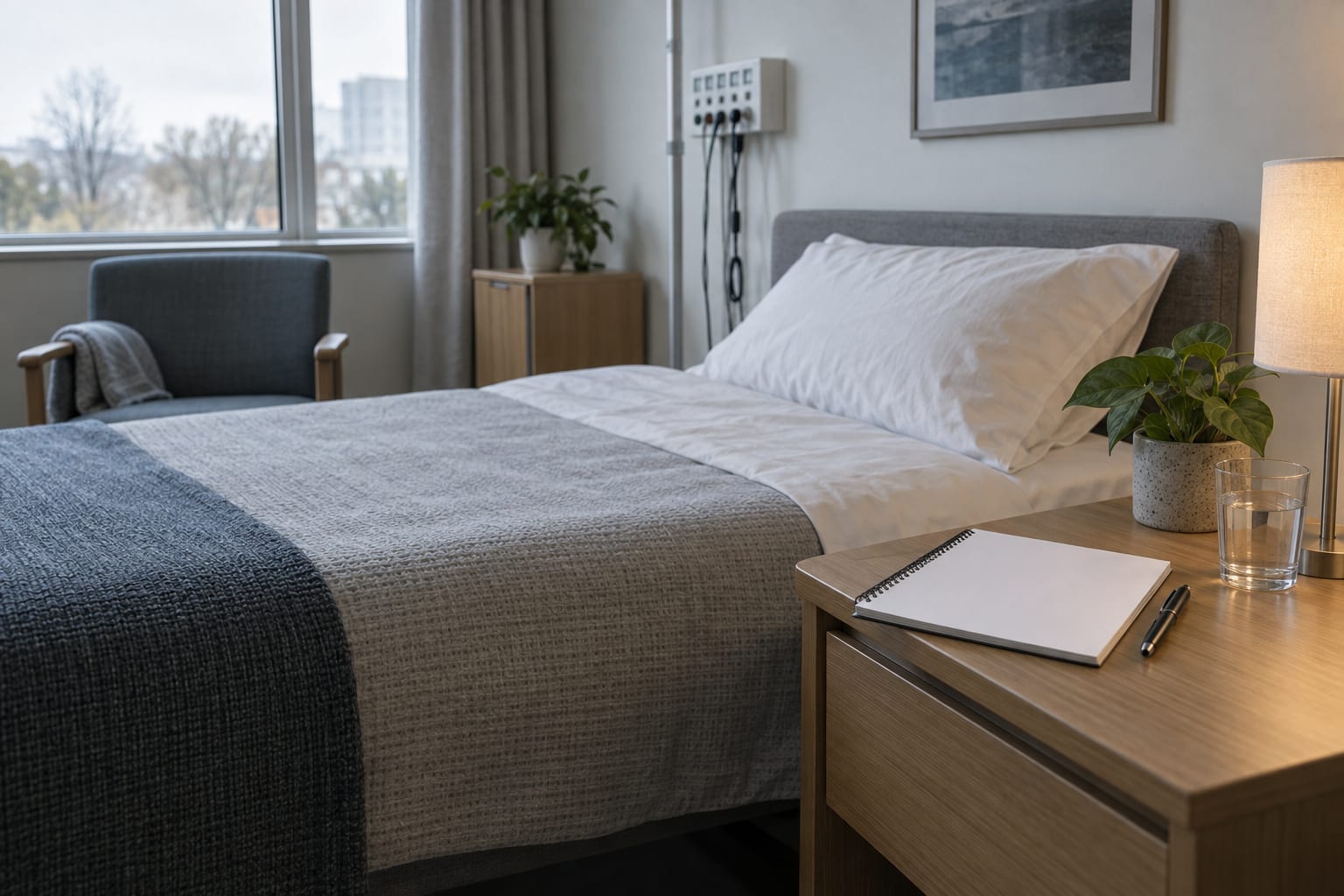 A blank sleep diary lies on a bedside table in an empty, anonymous sleep study room.