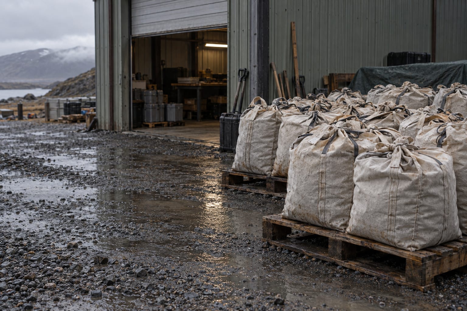 Unmarked field sample bags stand beside a storage shed under an overcast sky.
