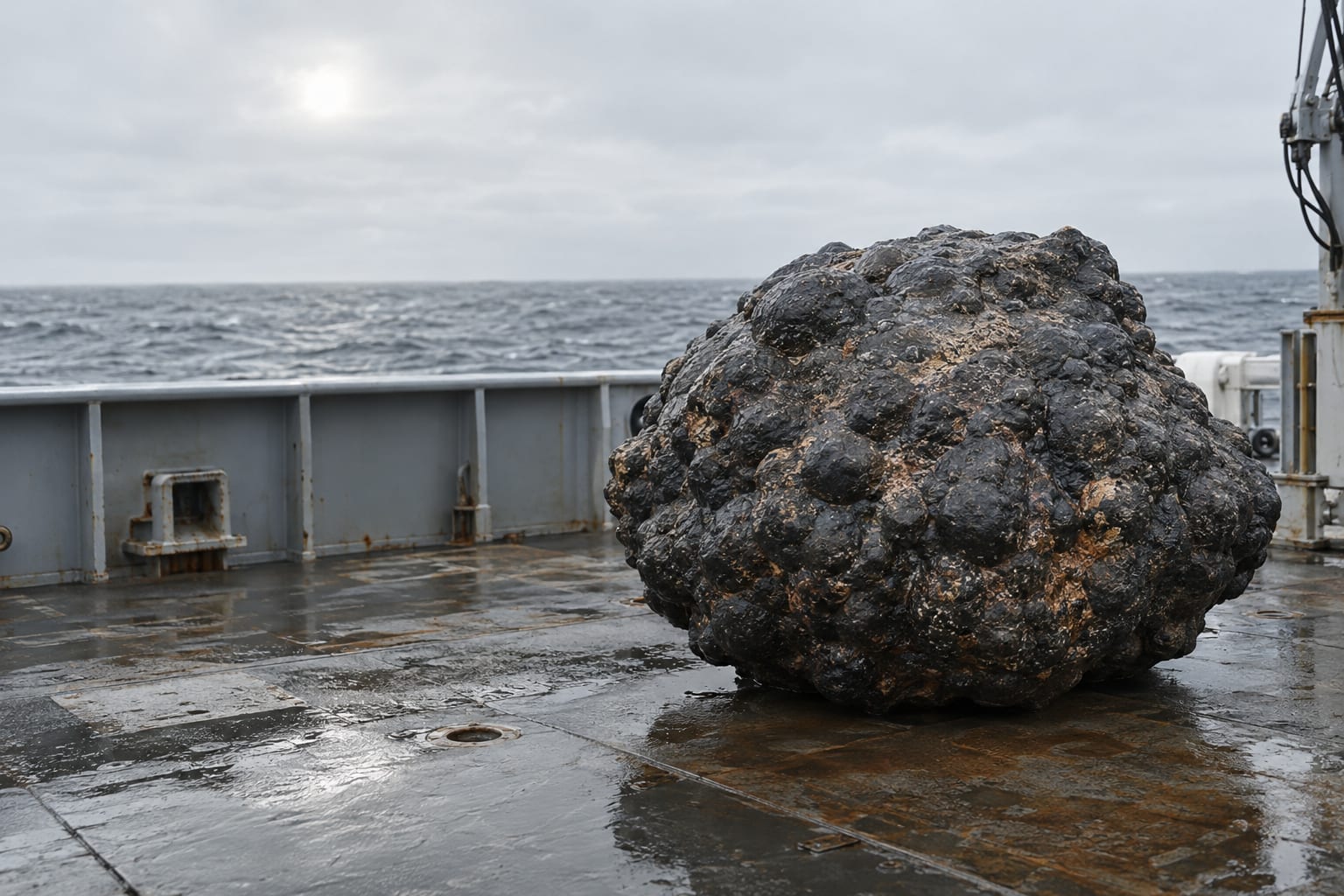 An oversized black polymetallic nodule rests on the wet aft deck of an anonymous ocean survey vessel under an overcast sky.