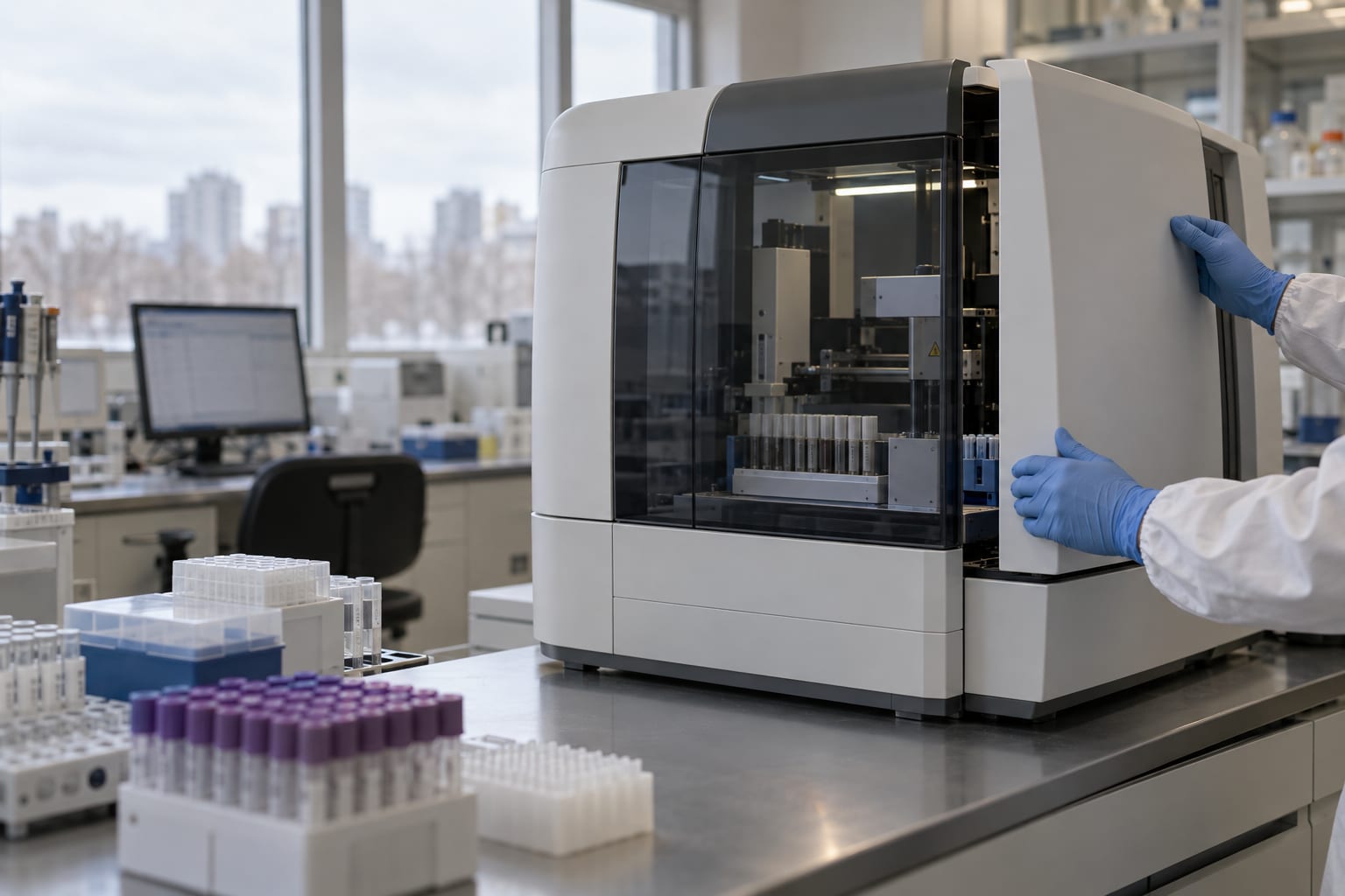 Gloved hands close the loading bay of an unmarked analyzer in a molecular diagnostics laboratory.