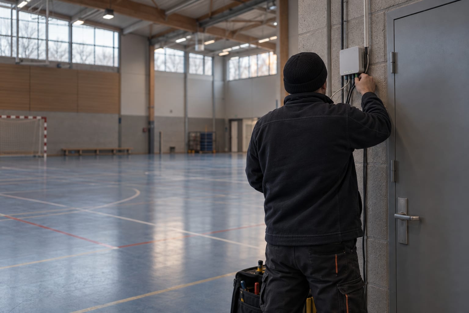 A technician seen from behind checks an unmarked network router in an empty community sports hall.