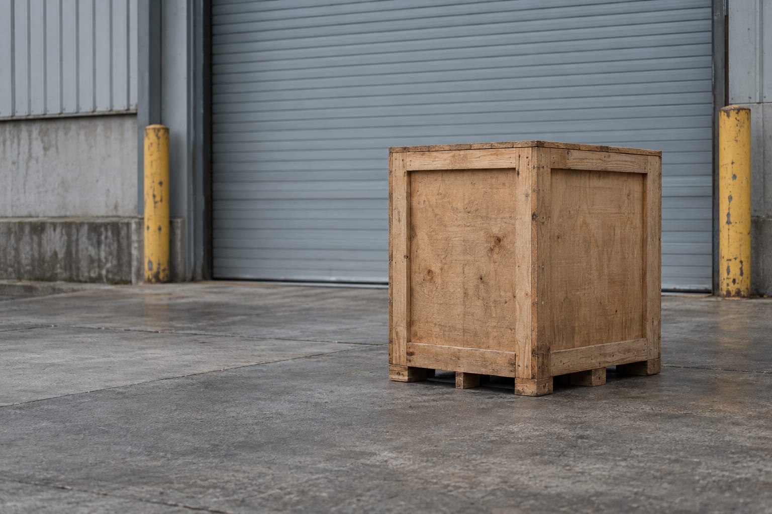 An illustration shows one unmarked shipping crate outside an empty industrial loading bay.