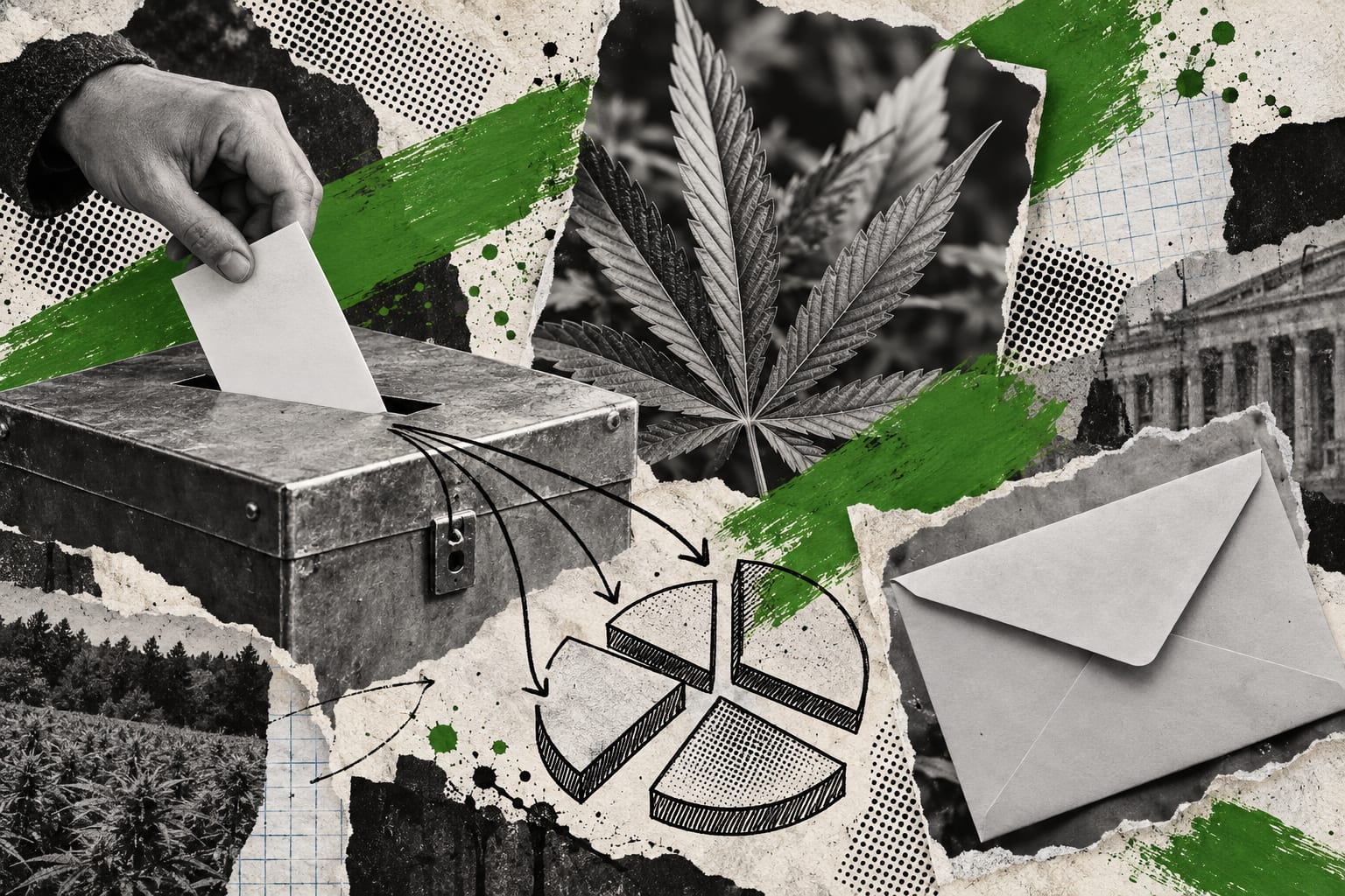 An editorial collage shows a blank voting card at a ballot box beside a cannabis leaf.