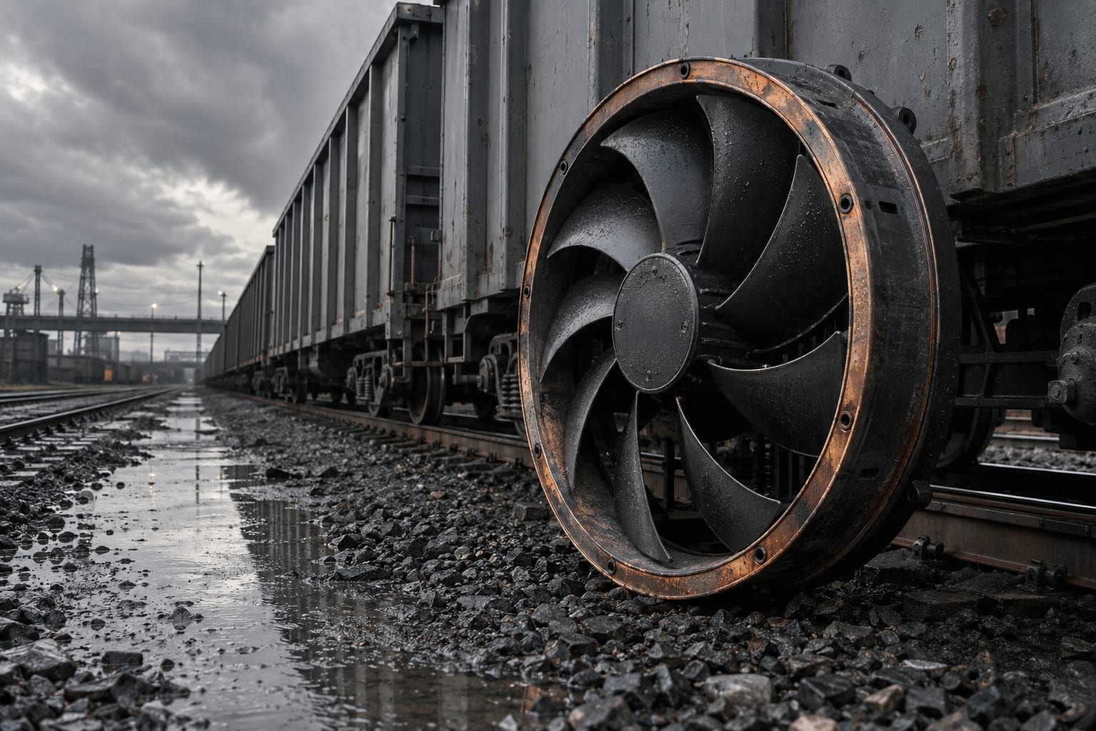 An oversized GPU cooling fan sits beside freight wagons at an anonymous rail terminal under heavy overcast skies.