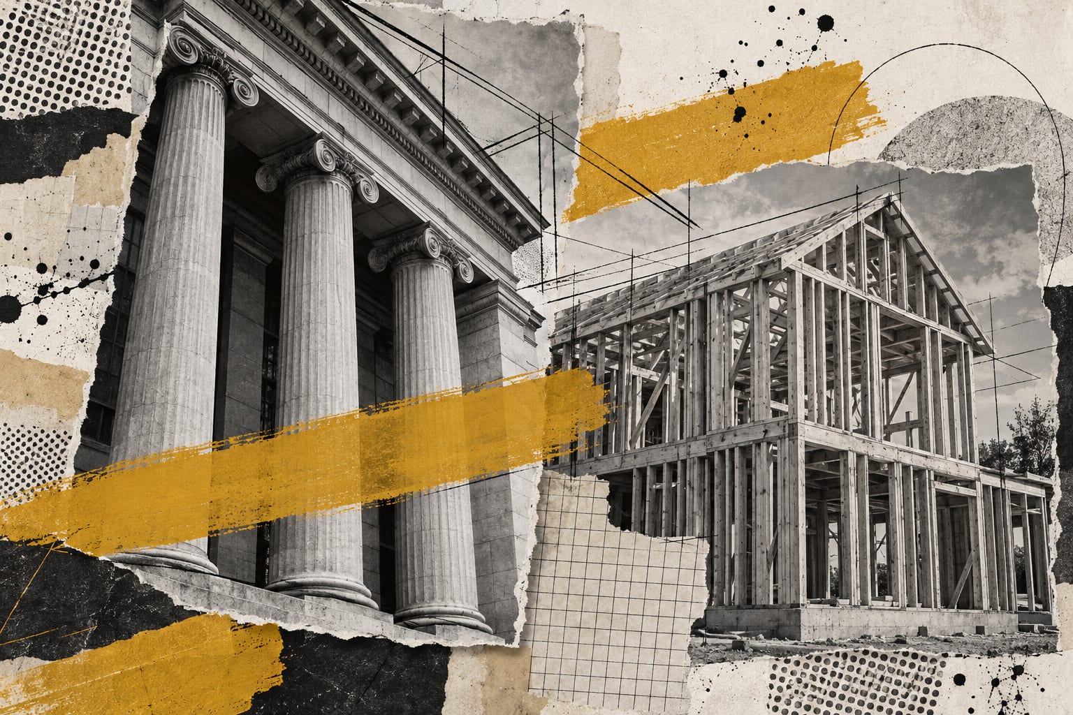 A mixed-media collage combines a stone bank colonnade with a timber house frame and ochre brush strokes.