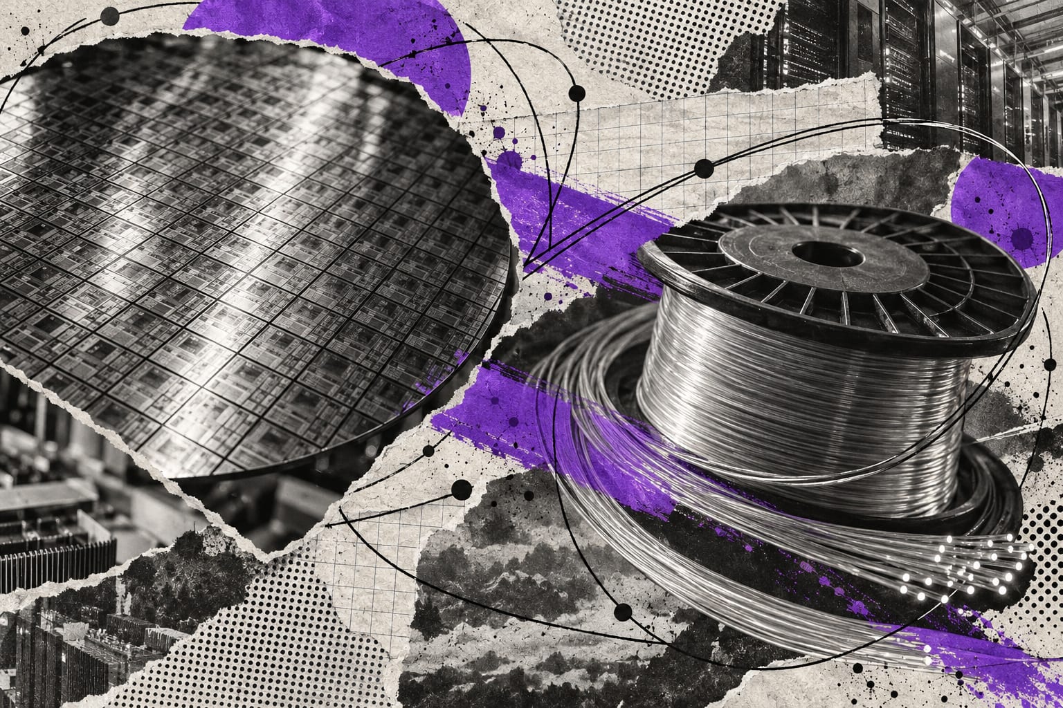 A collage combines a silicon wafer and an optical fibre spool with black ink lines and a violet brush stroke.