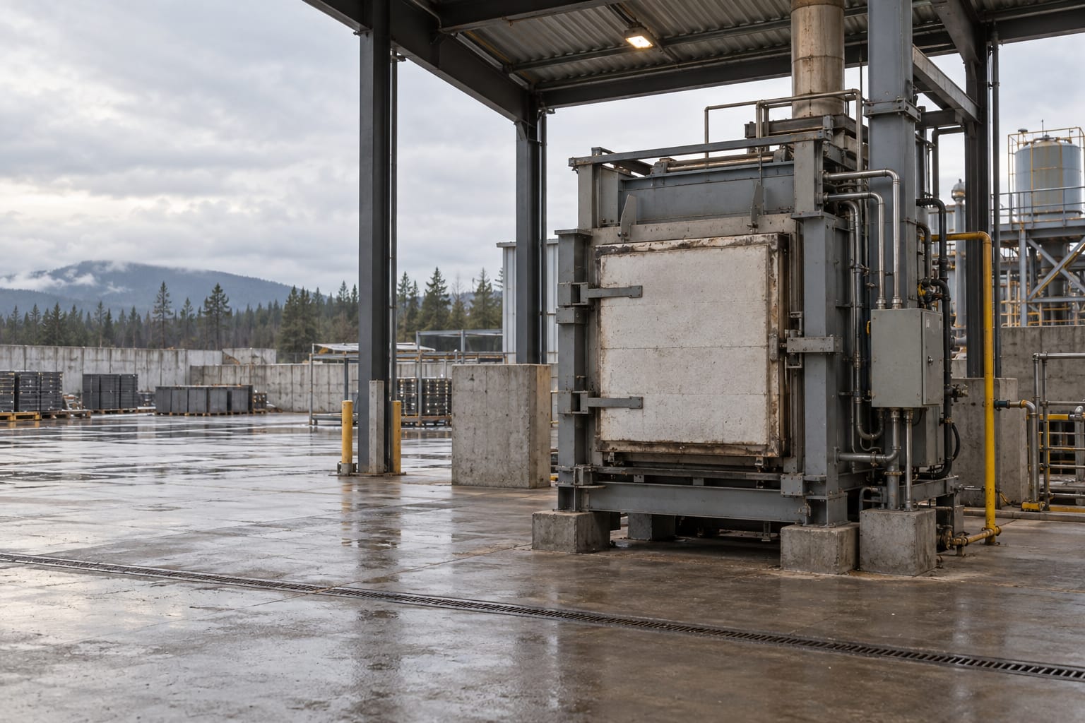 A heat-treatment furnace stands beneath a steel canopy in an industrial testing yard.