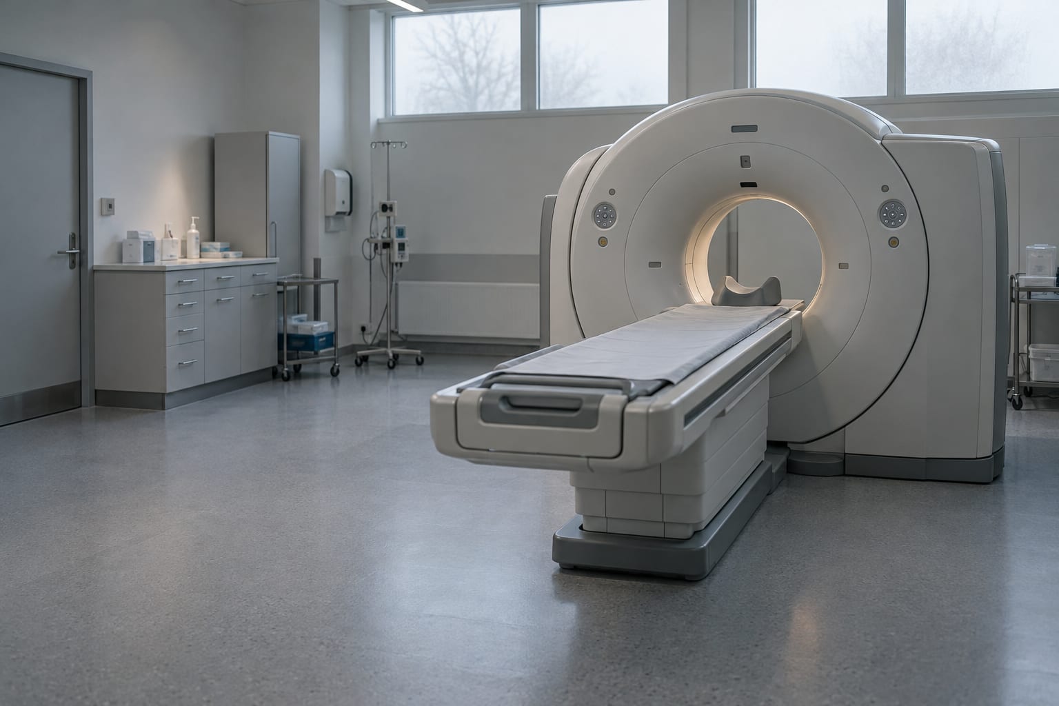An empty CT scanner and its extended patient table stand in an illustrative hospital imaging suite.